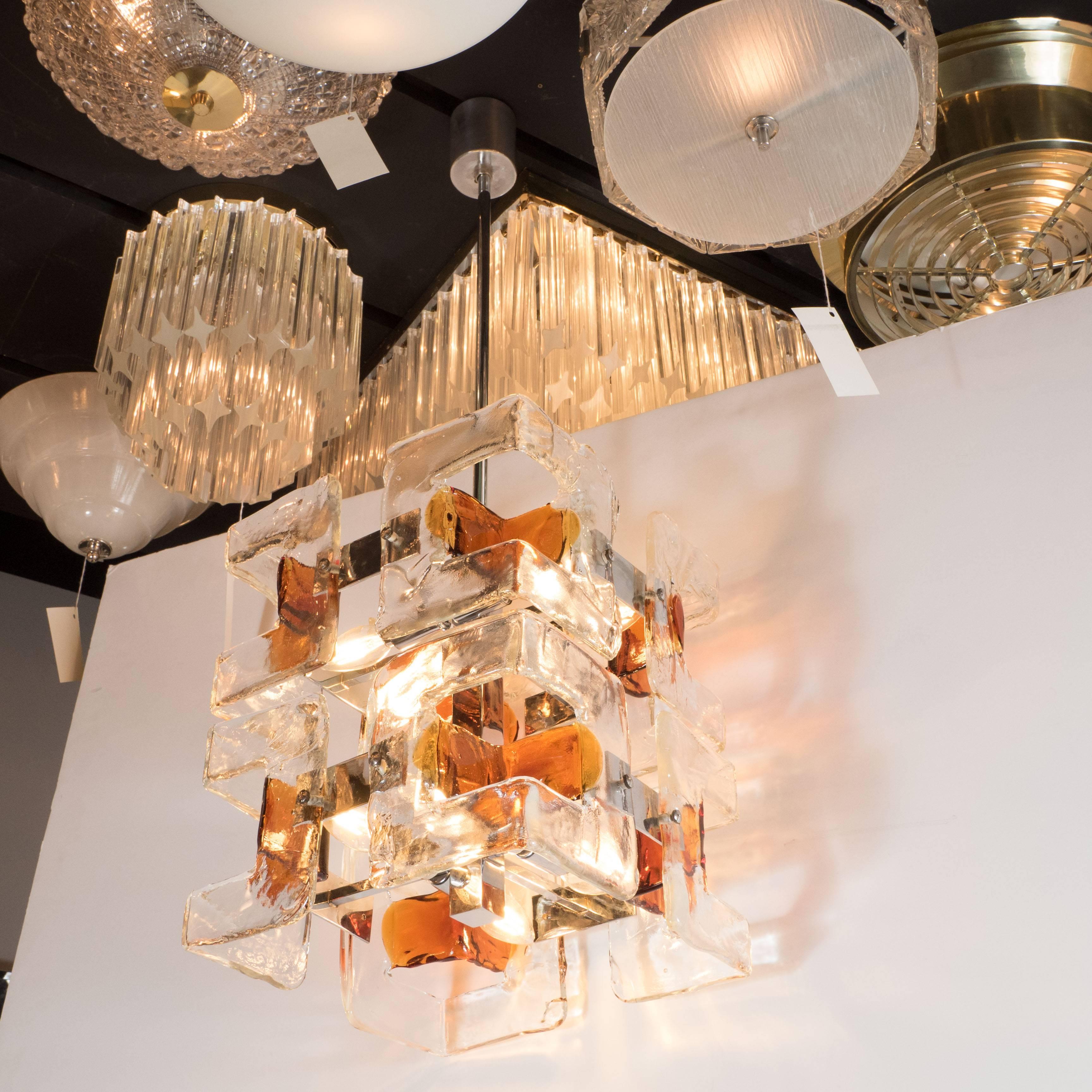 Italian Mid-Century Modern Handblown Murano Clear & Amber Glass Chandelier by Mazzega