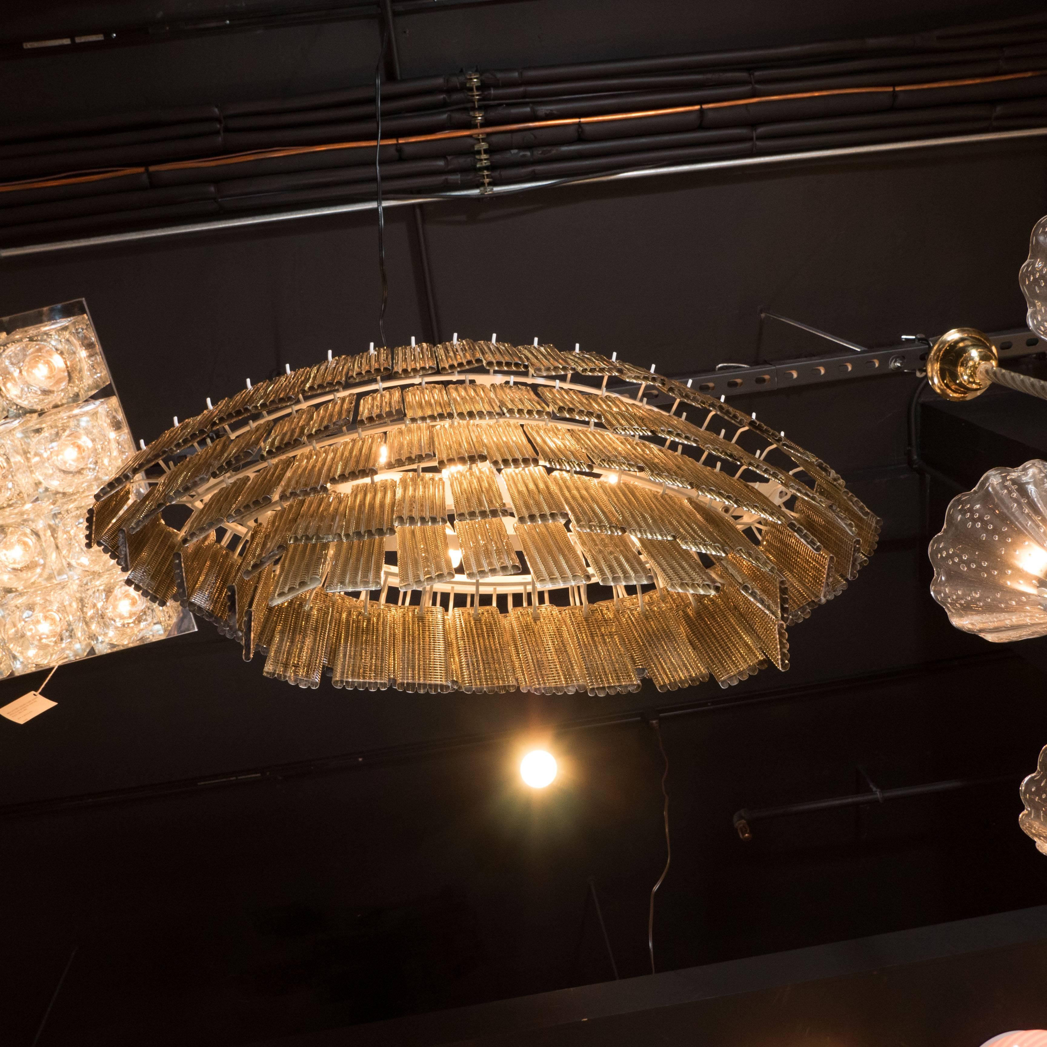 20th Century Handblown Murano Glass Oval Five-Tier Gold Chandelier w/ Textured Glass Shades