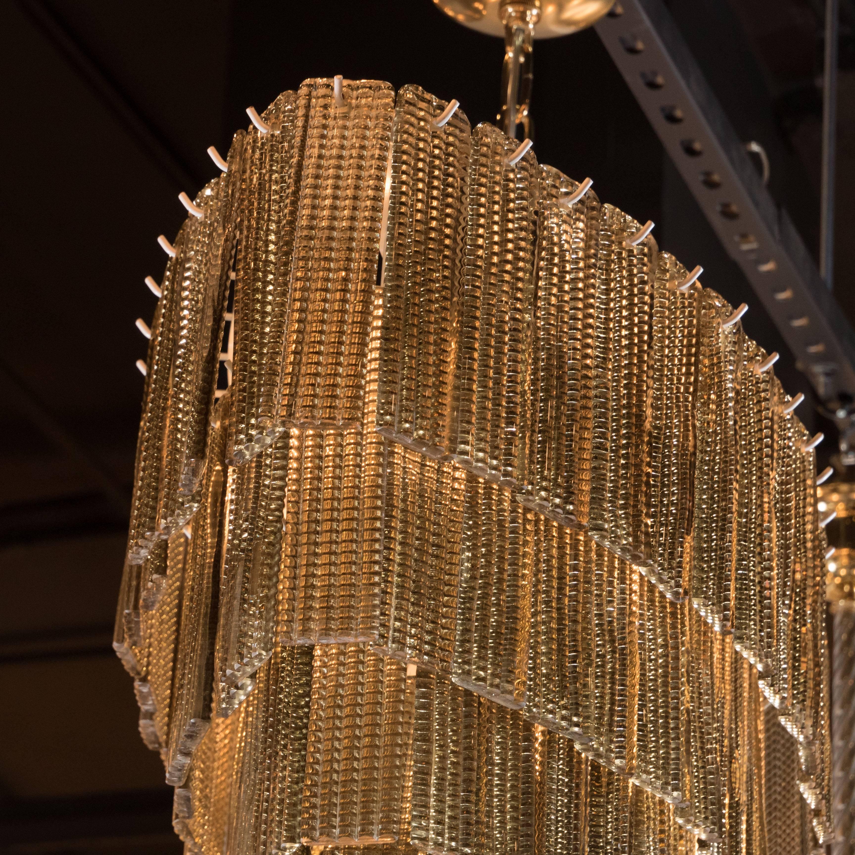 Handblown Murano Glass Oval Five-Tier Gold Chandelier w/ Textured Glass Shades In Excellent Condition In New York, NY