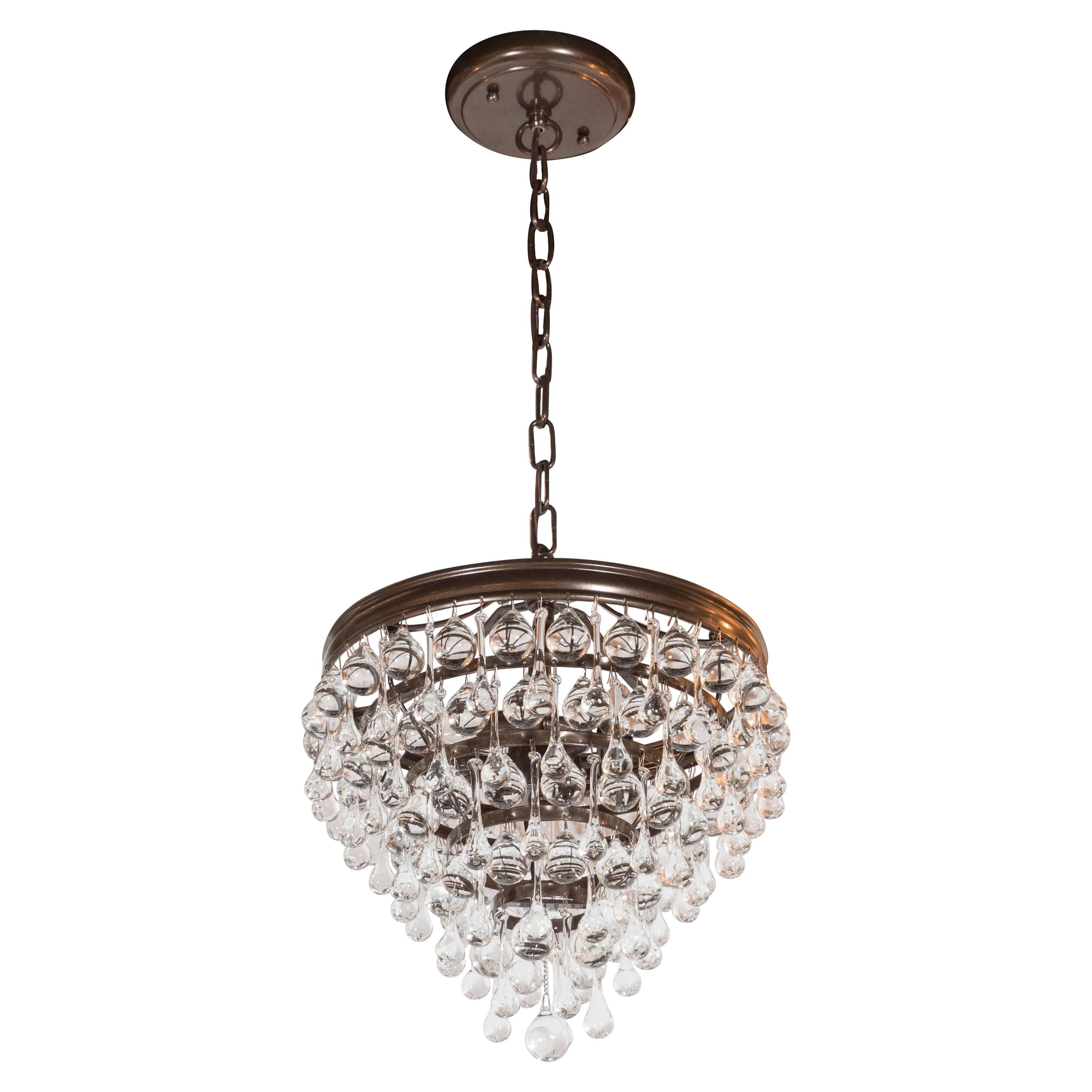 Hollywood Regency Crystal Teardrop and Ball Chandelier with Bronze Fittings