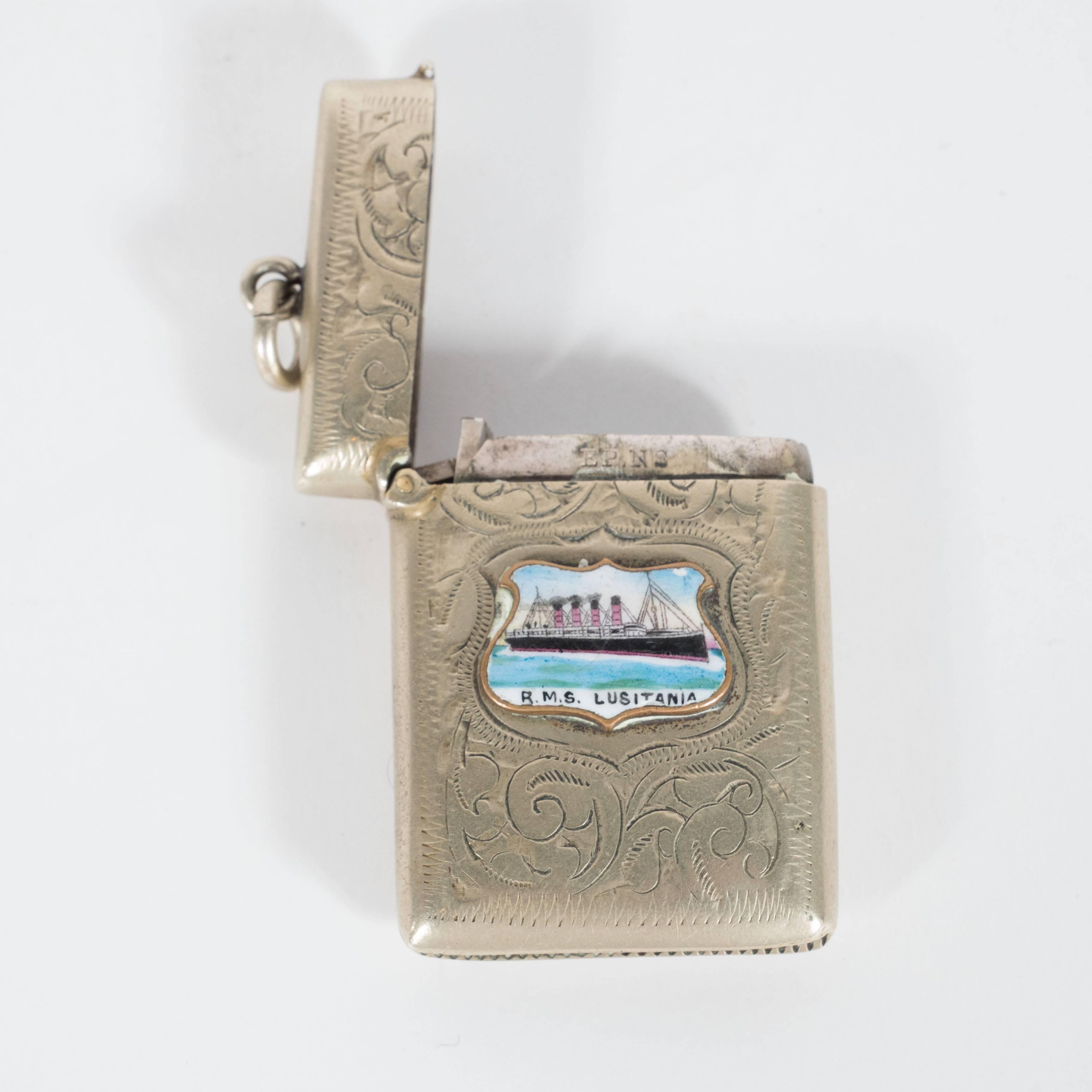 Antique Silver Plate and Enamel Lusitania Match Case Holder In Good Condition In New York, NY