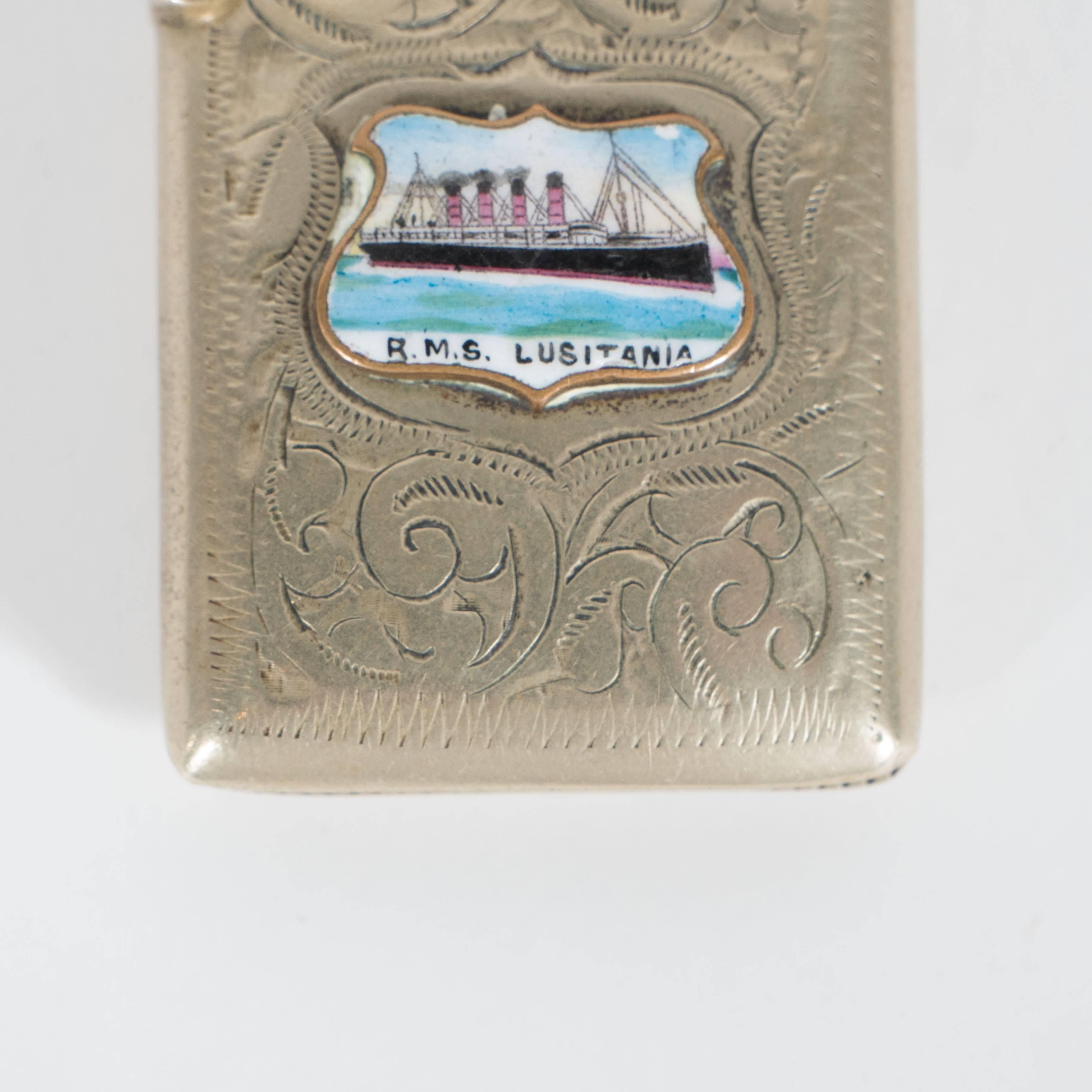 English Antique Silver Plate and Enamel Lusitania Match Case Holder