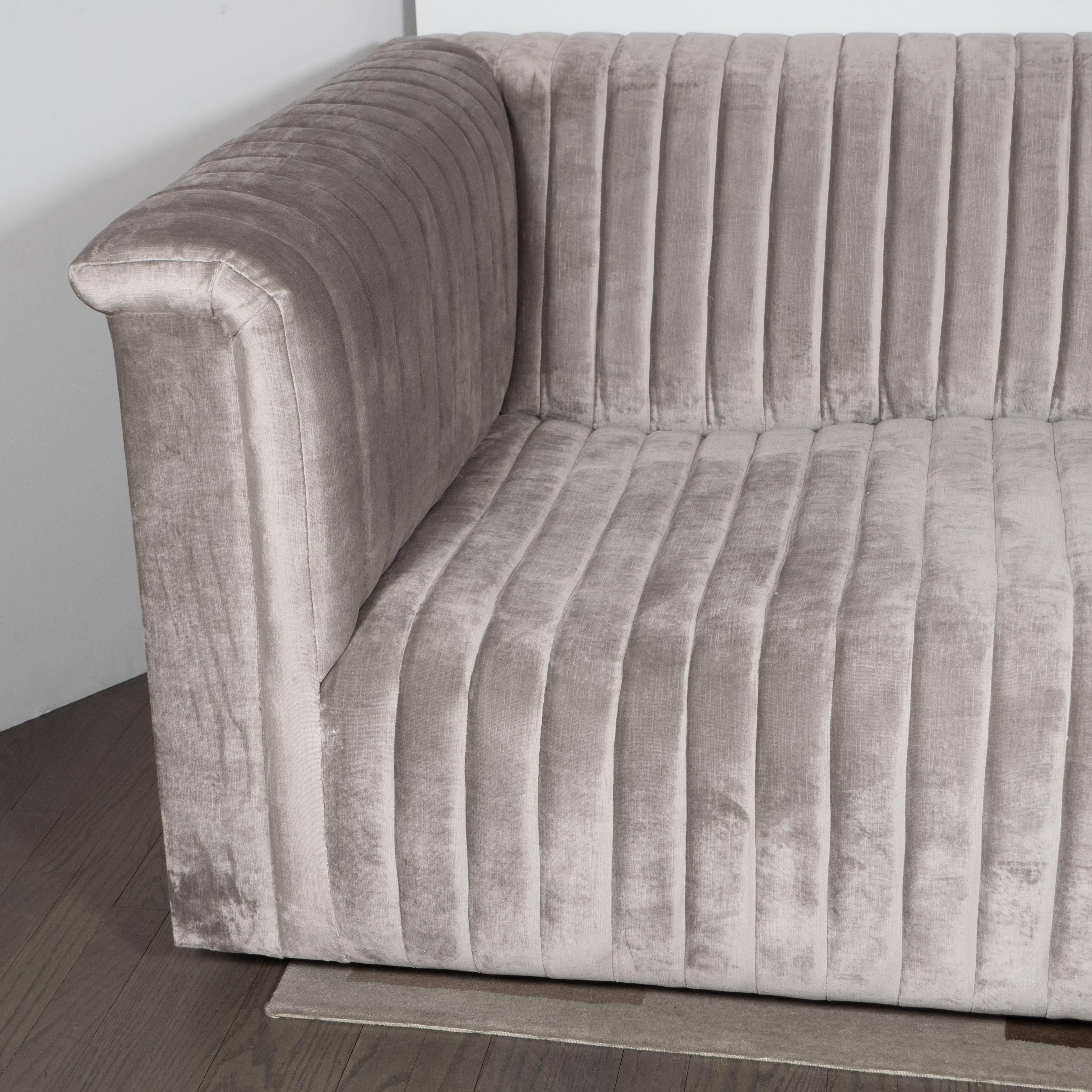 Custom Modernist Channel Design Sofa in Platinum Velvet In Excellent Condition In New York, NY
