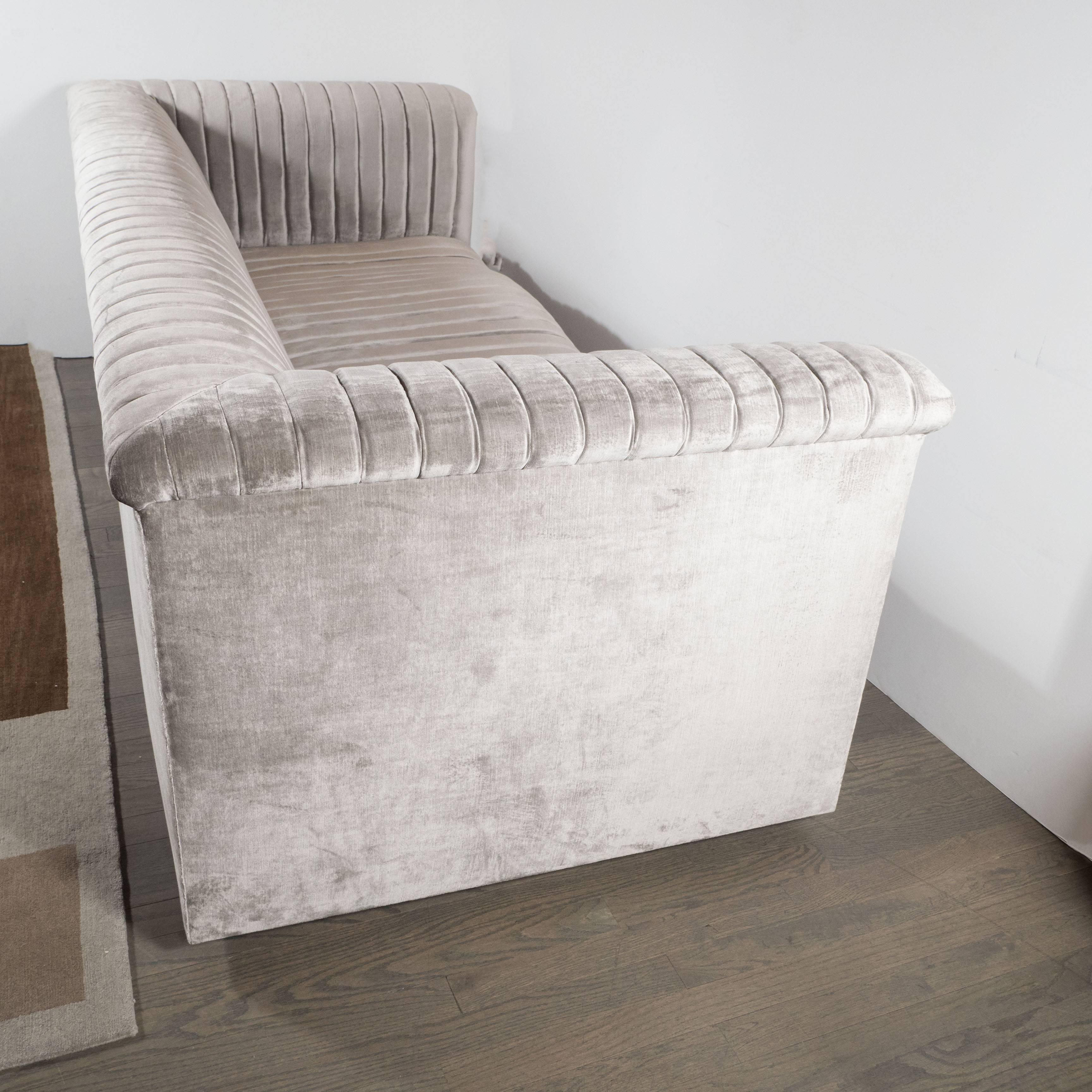 Custom Modernist Channel Design Sofa in Platinum Velvet 2