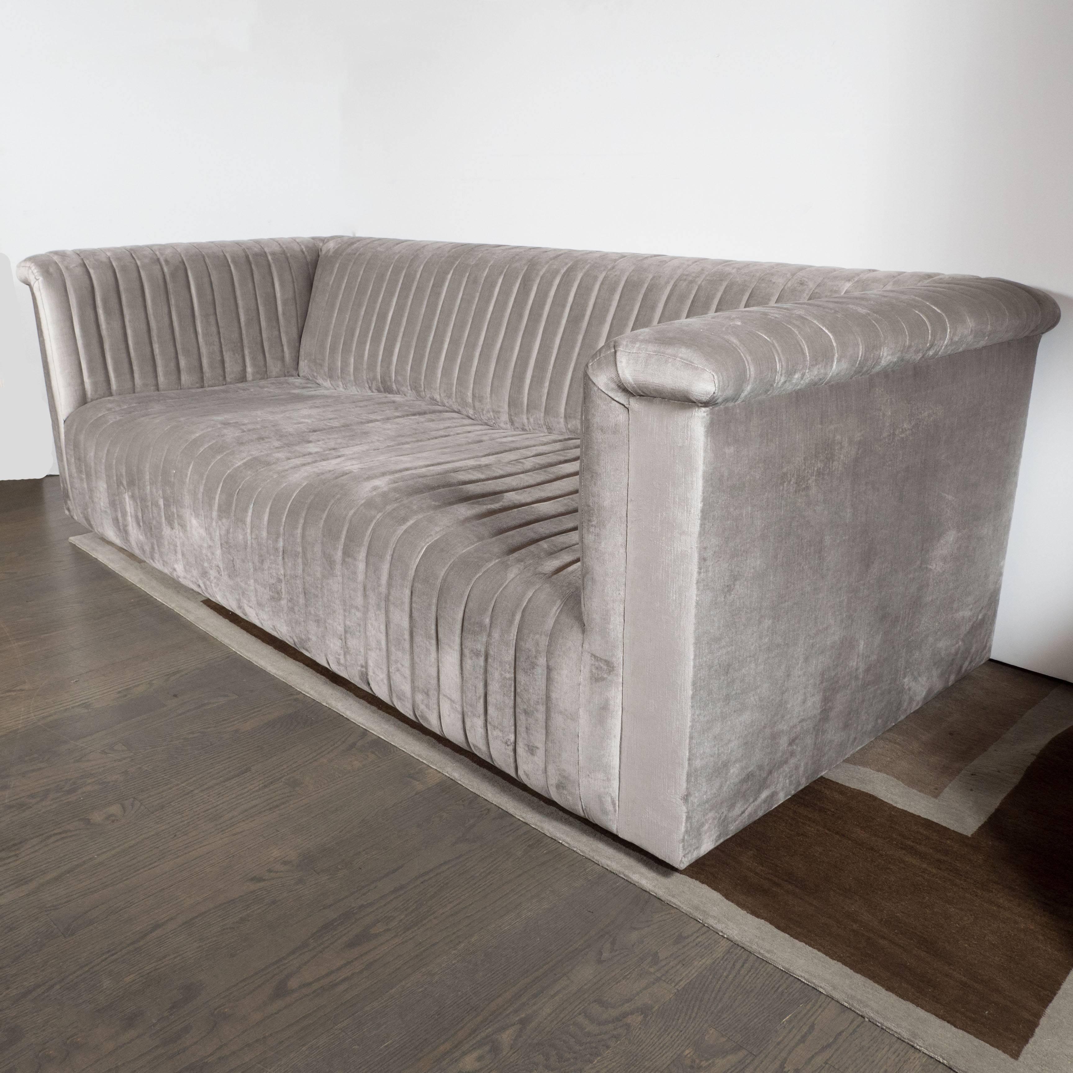 Contemporary Custom Modernist Channel Design Sofa in Platinum Velvet