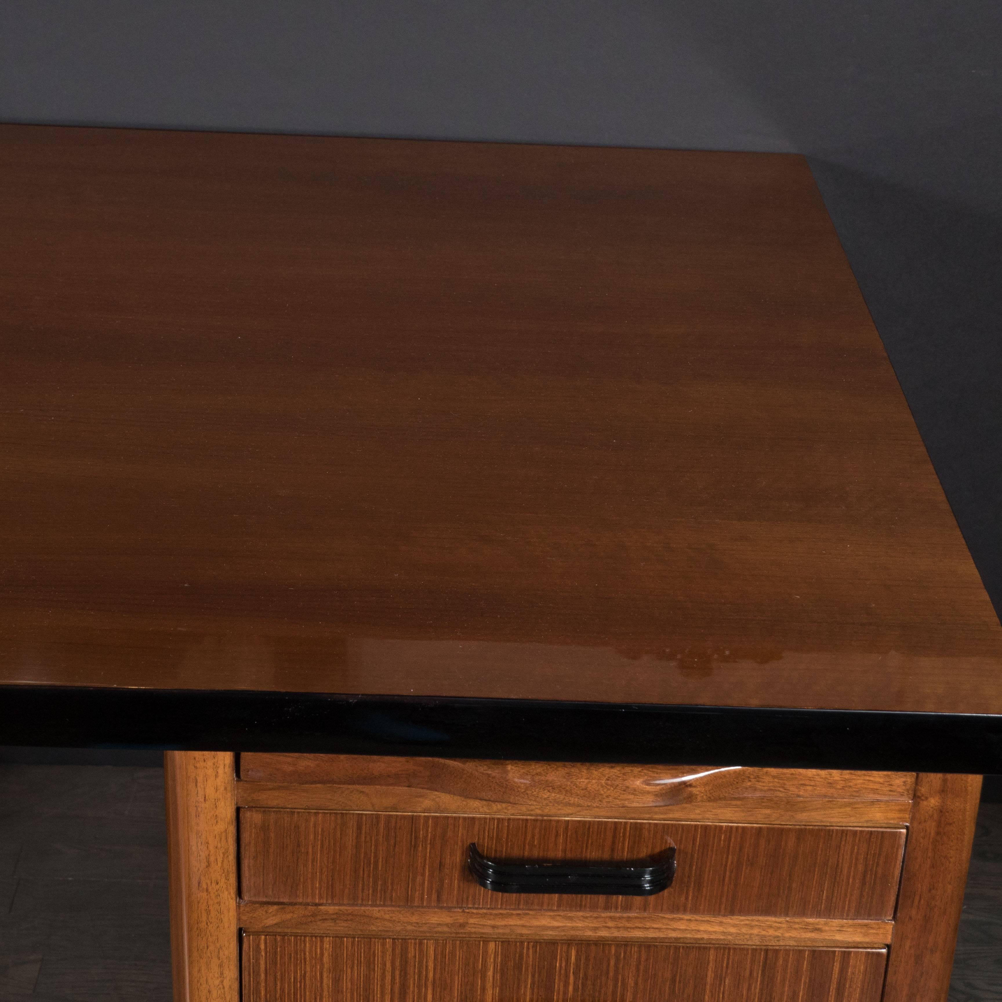 Art Deco Streamline Bullet Desk in Book-Matched Walnut and Black Lacquer Accents In Excellent Condition In New York, NY