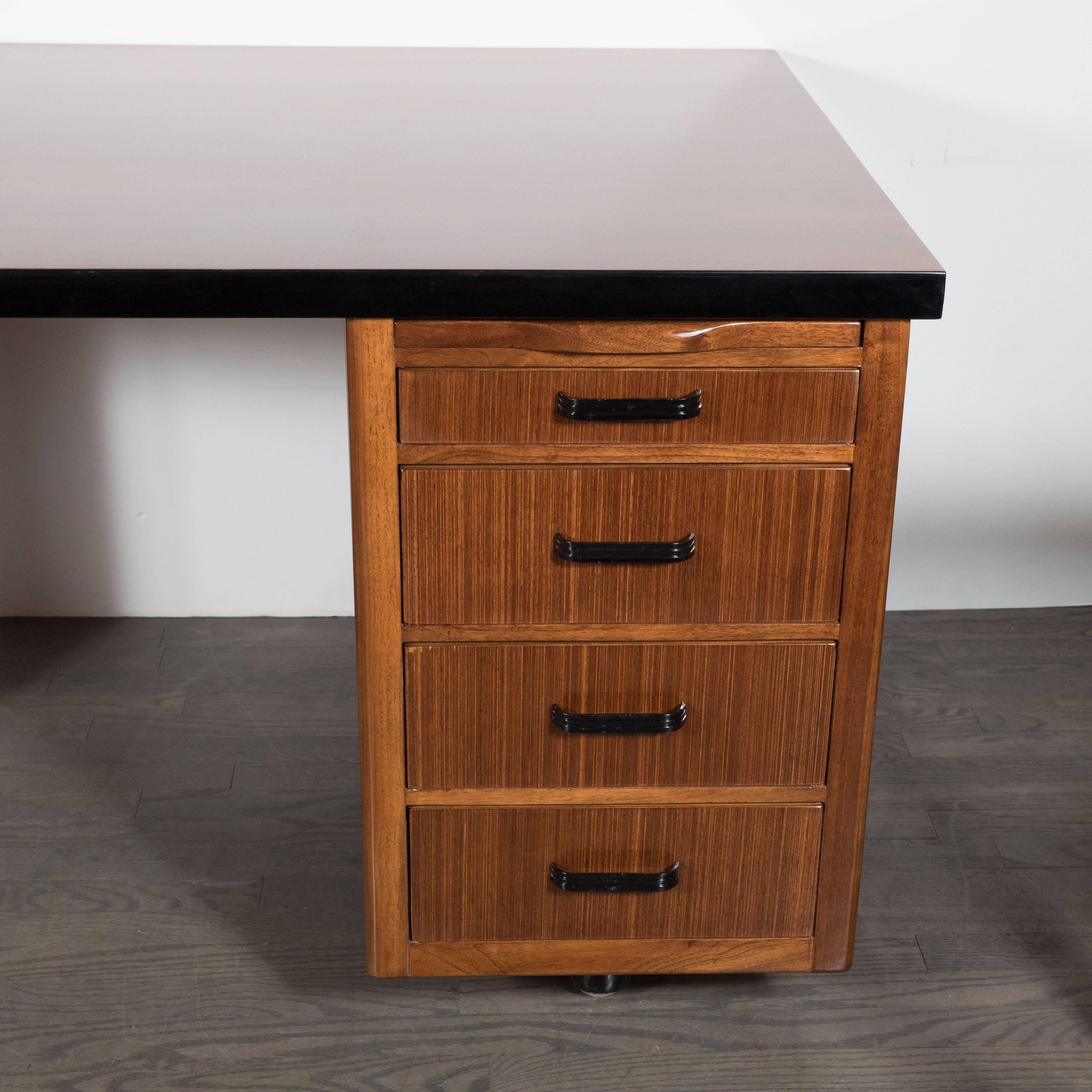 Art Deco Streamline Bullet Desk in Book-Matched Walnut and Black Lacquer Accents 3