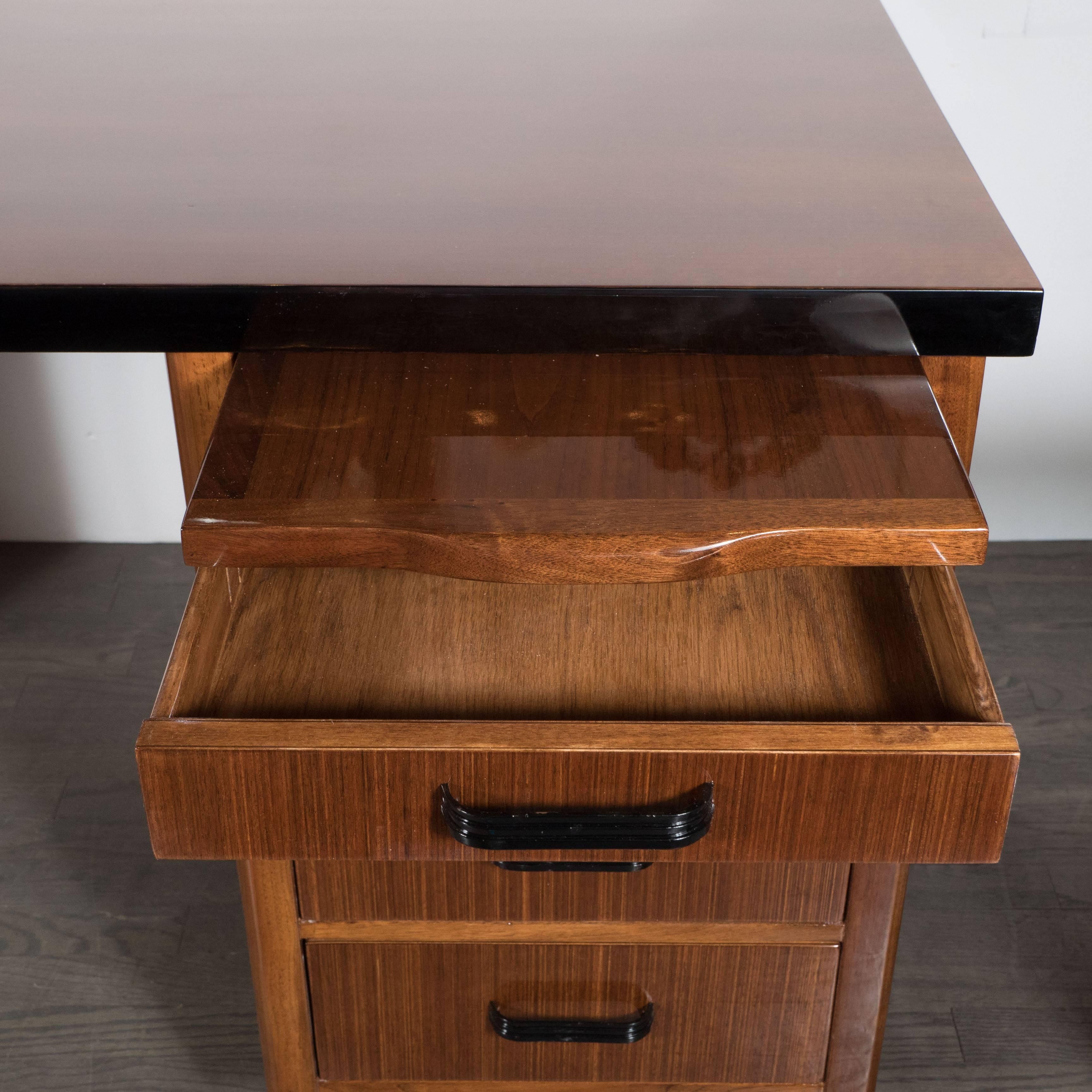 Art Deco Streamline Bullet Desk in Book-Matched Walnut and Black Lacquer Accents 2