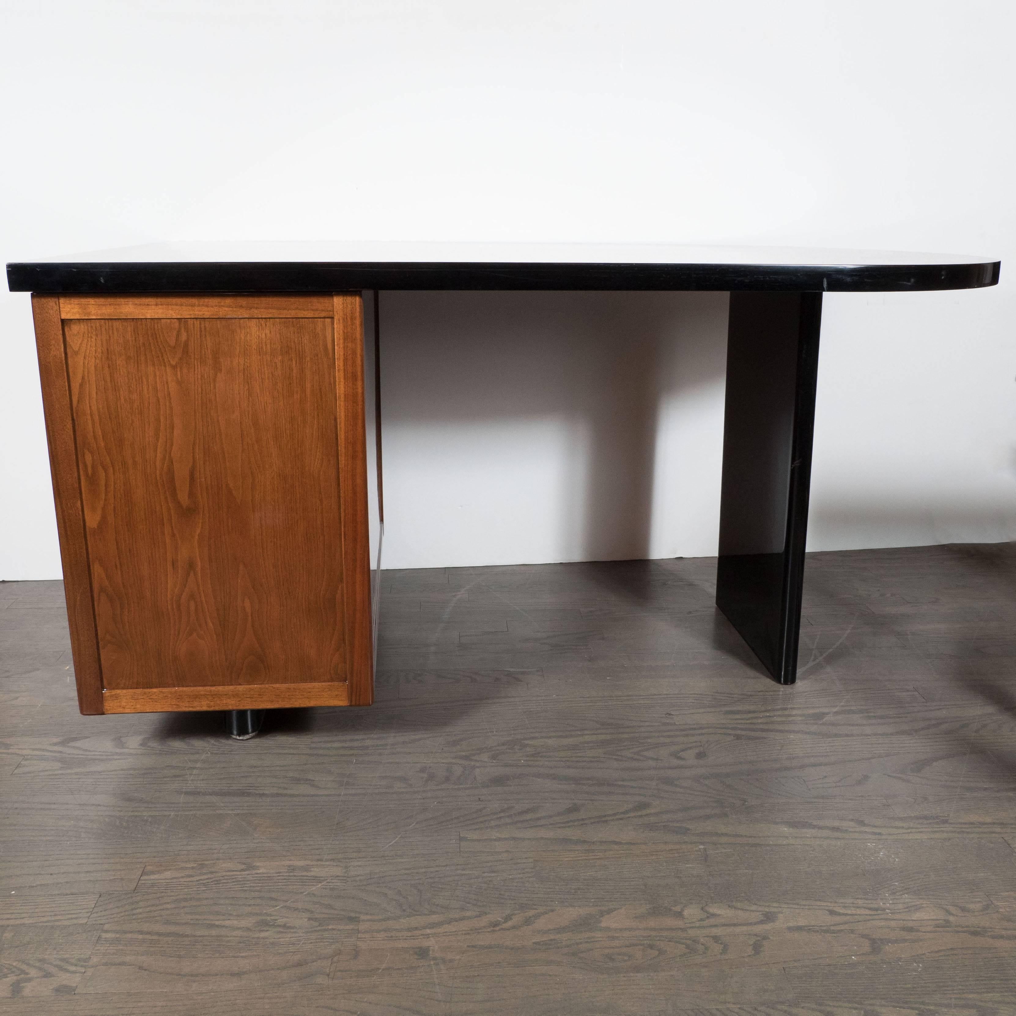 Art Deco Streamline Bullet Desk in Book-Matched Walnut and Black Lacquer Accents 1