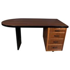 Art Deco Streamline Bullet Desk in Book-Matched Walnut and Black Lacquer Accents