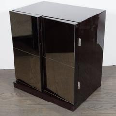 Pair of Mid-Century Nightstands with Angled Cubist Smoked Mirror Fronts Panels