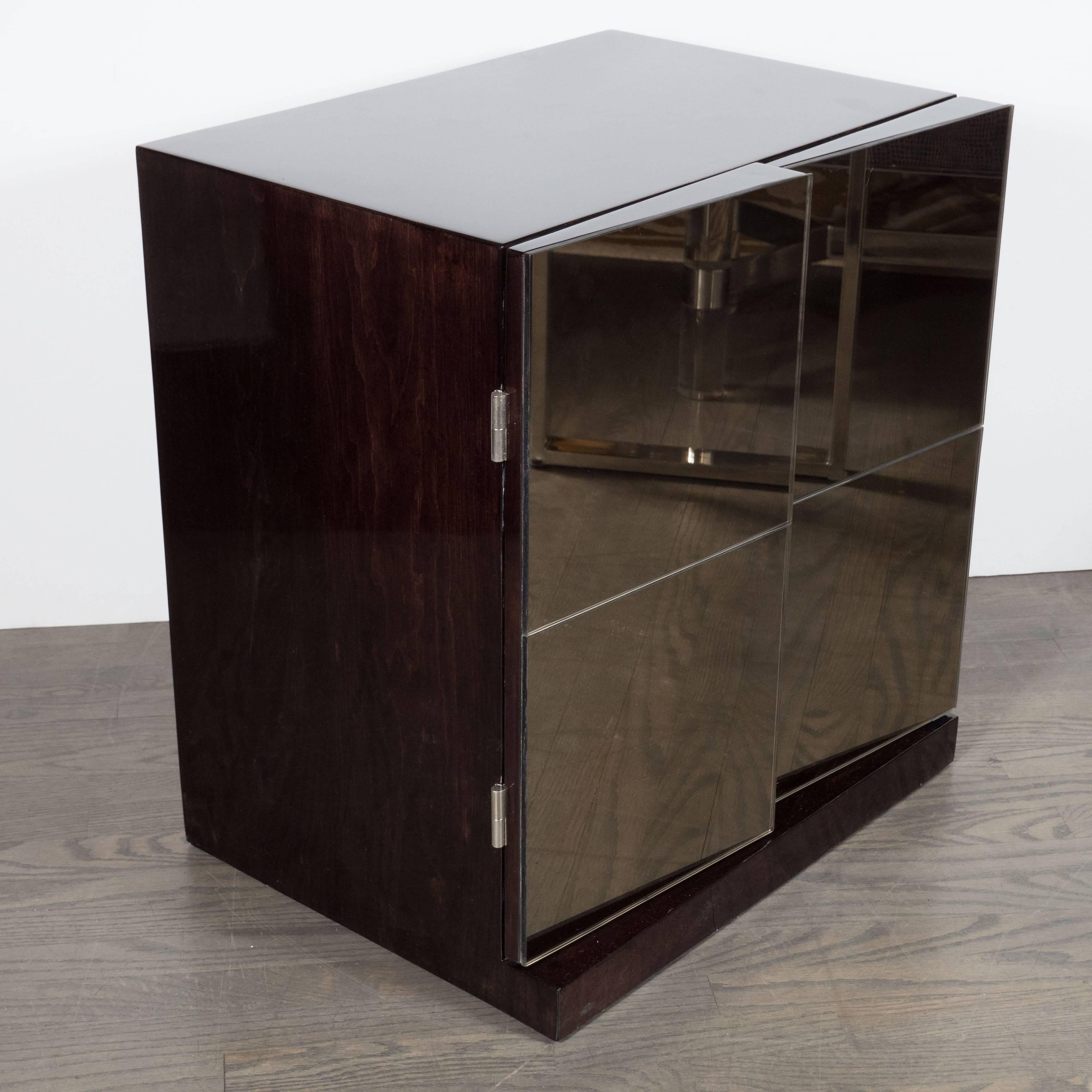 Mid-Century Modern Pair of Mid-Century Nightstands with Angled Cubist Smoked Mirror Fronts Panels