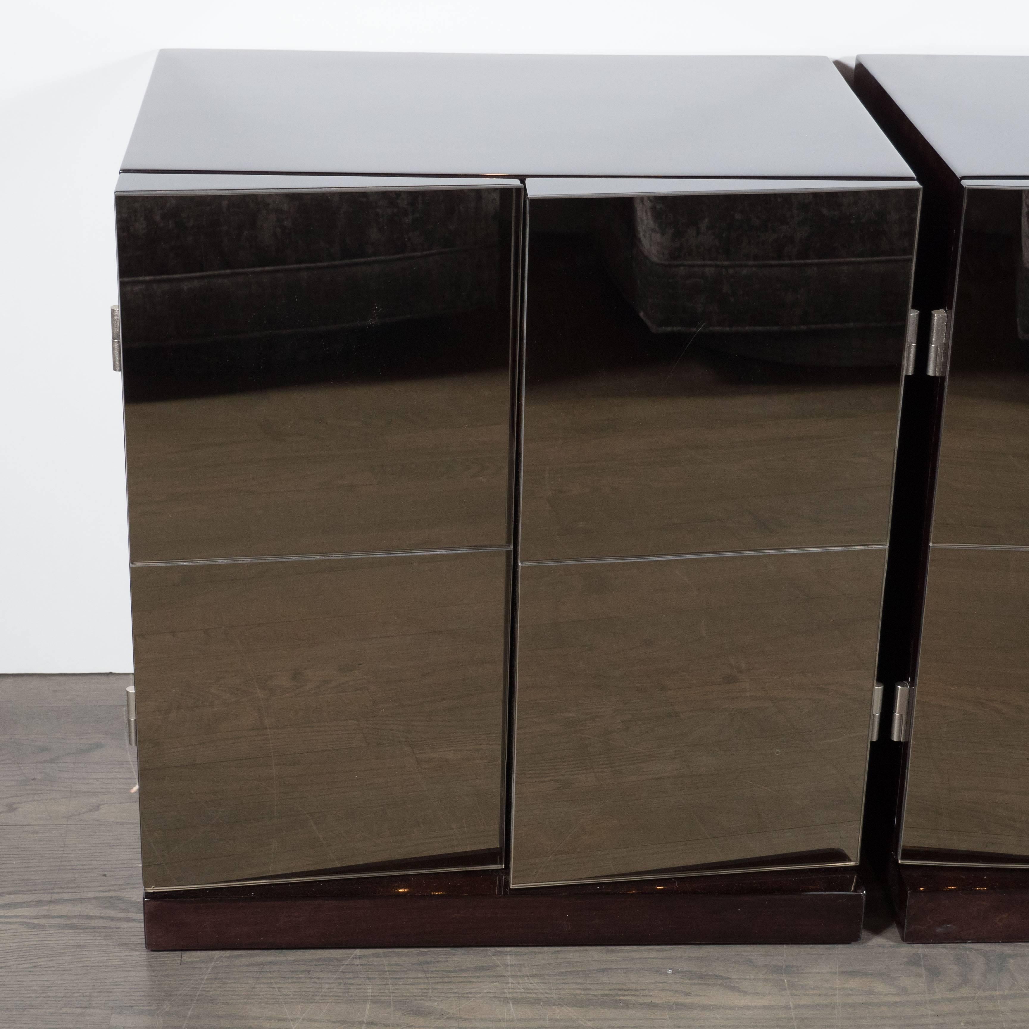 Pair of Mid-Century Nightstands with Angled Cubist Smoked Mirror Fronts Panels 4