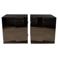 Pair of Mid-Century Nightstands with Angled Cubist Smoked Mirror Fronts Panels