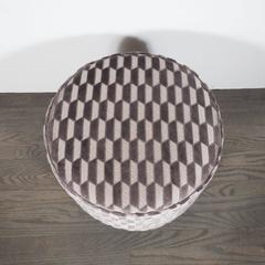 Art Deco Pair of Ottomans in Patterned Platinum Velvet in the Style of Follot