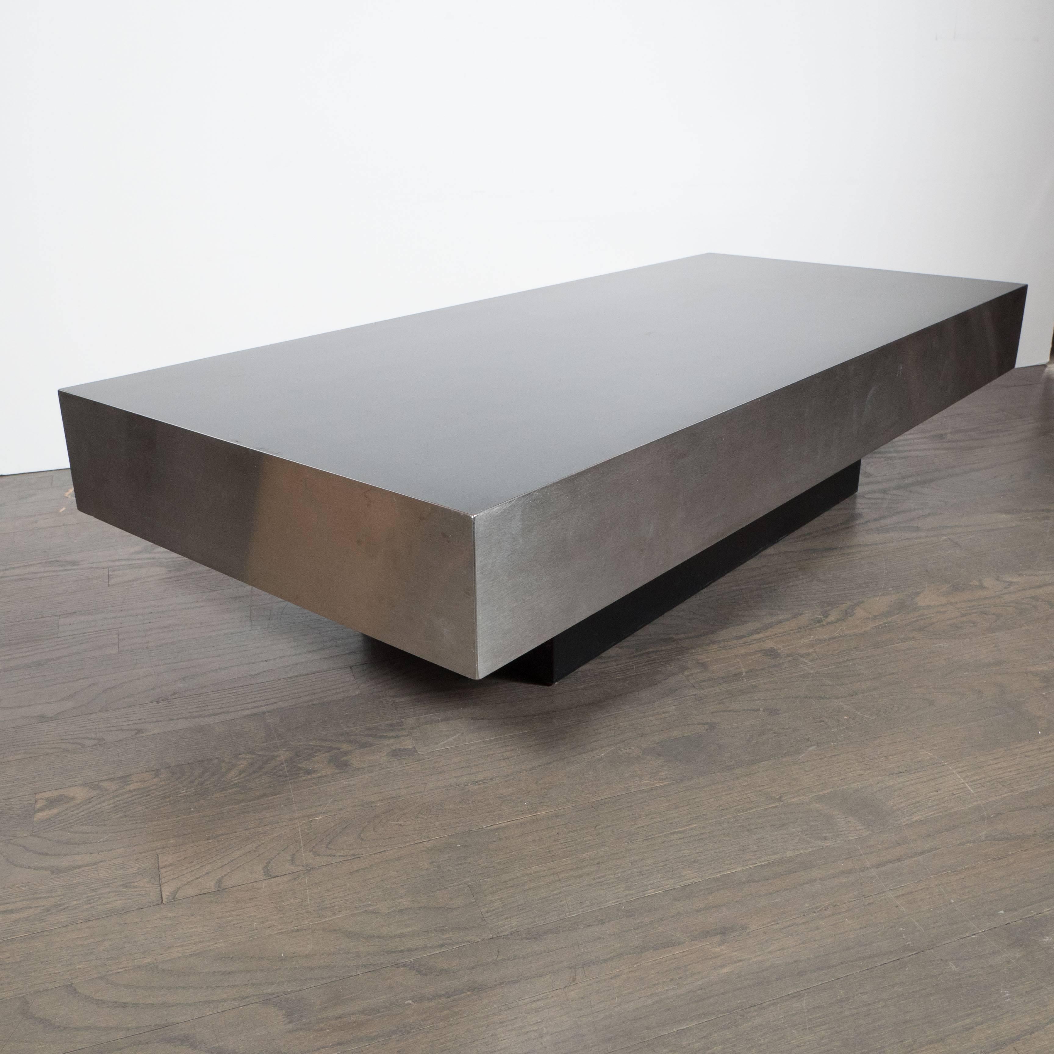 Late 20th Century Mid-Century Modernist Low Cocktail Table in Brushed Aluminium, Style of Breuton