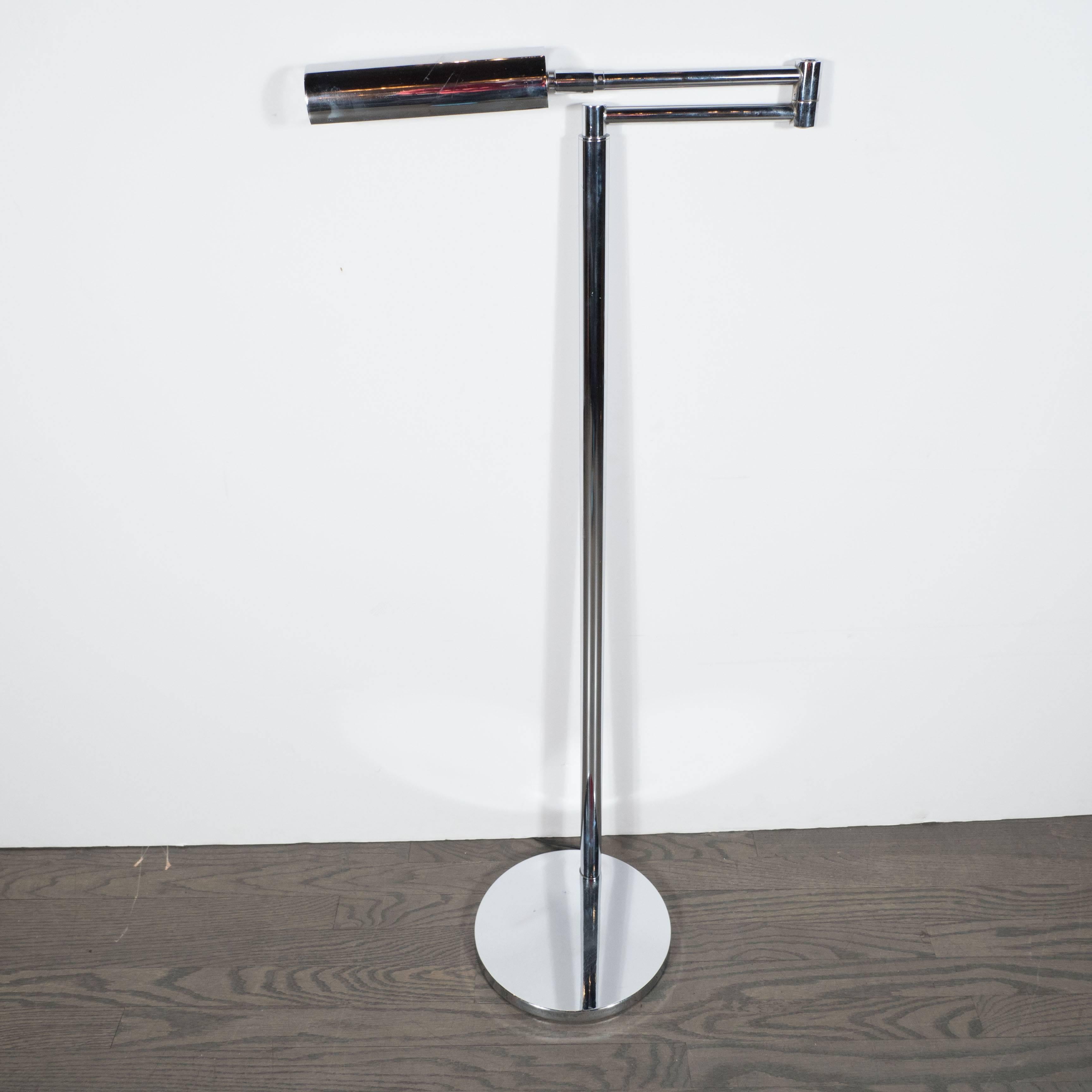 American Sleek Mid-Century Modernist Chrome Swing-Arm Floor Lamp For Sale