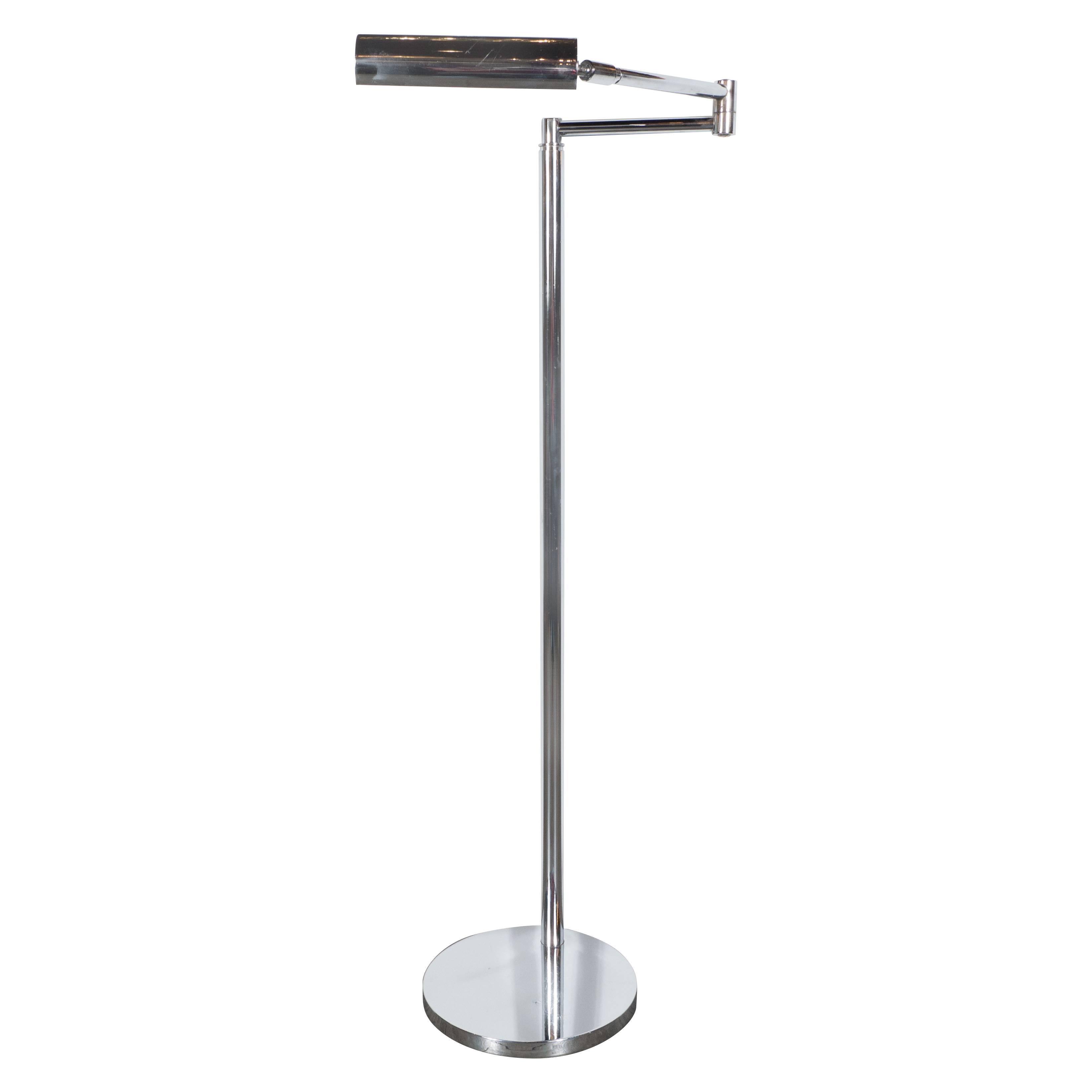 Sleek Mid-Century Modernist Chrome Swing-Arm Floor Lamp For Sale