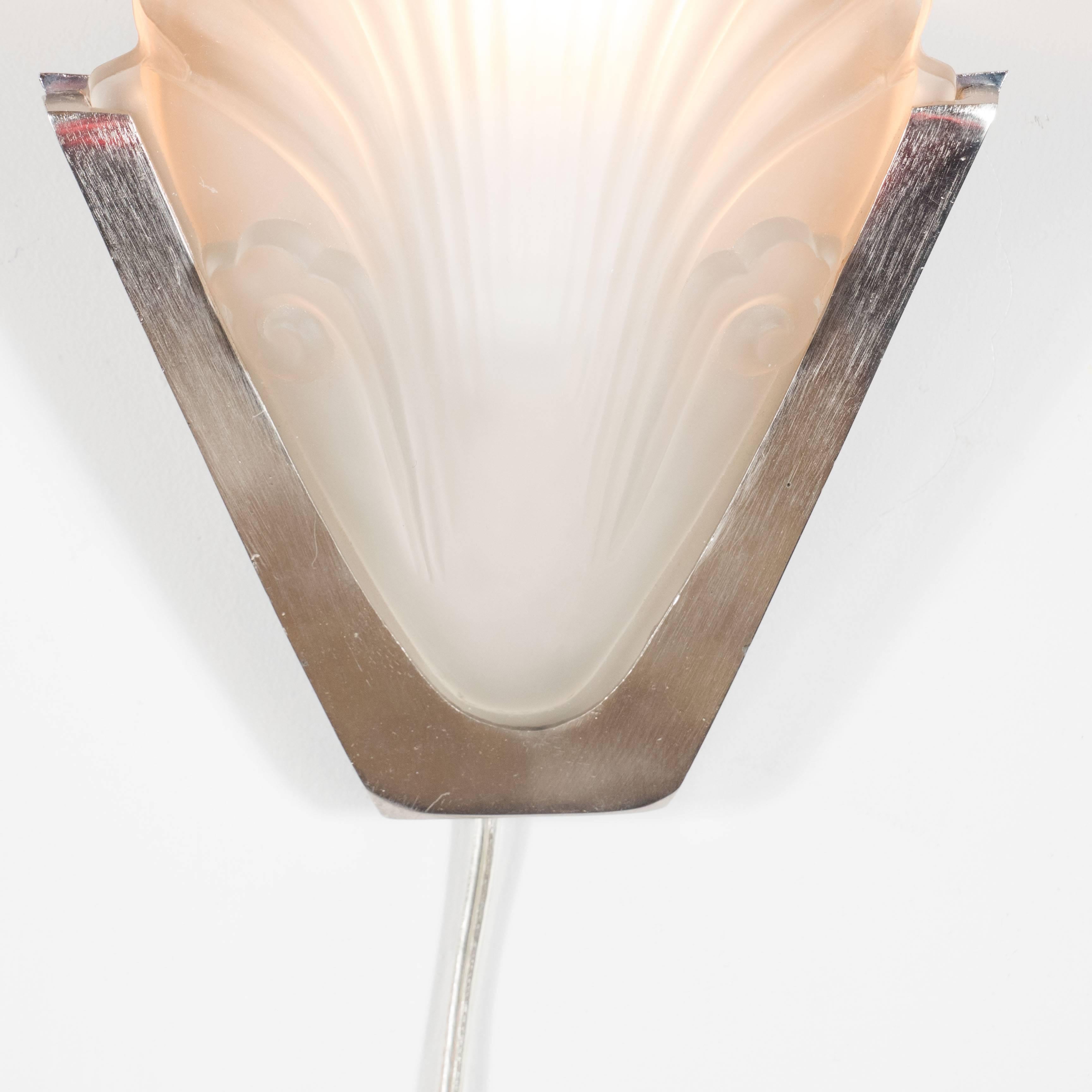 Mid-20th Century French Art Deco Frosted Glass Shell Sconce with Nickeled Bronze Fittings