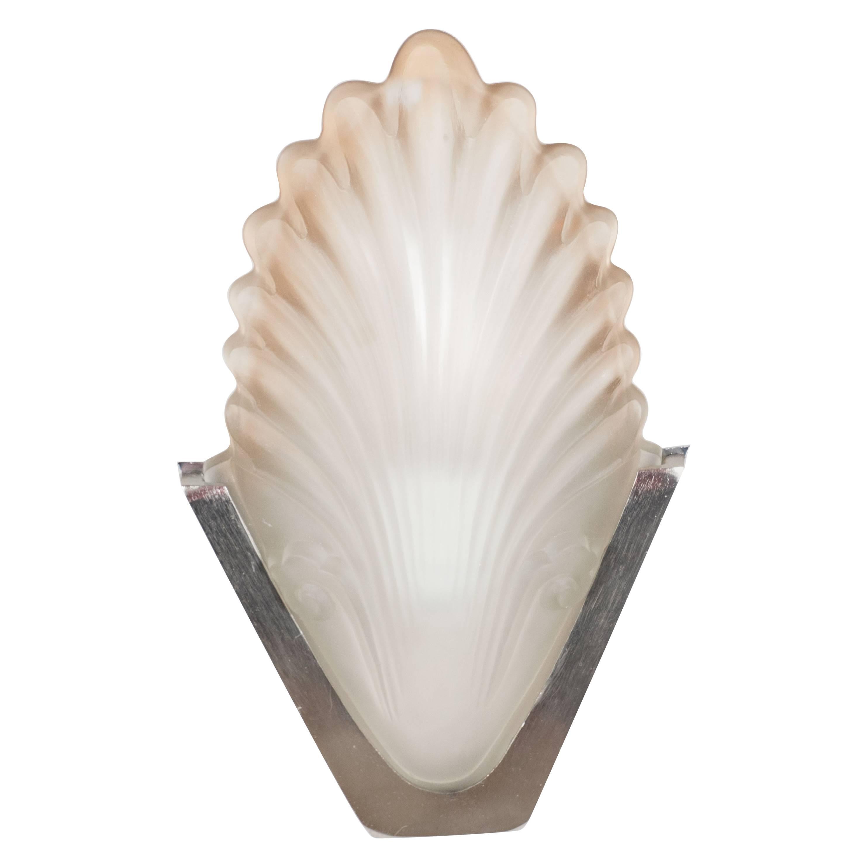 French Art Deco Frosted Glass Shell Sconce with Nickeled Bronze Fittings
