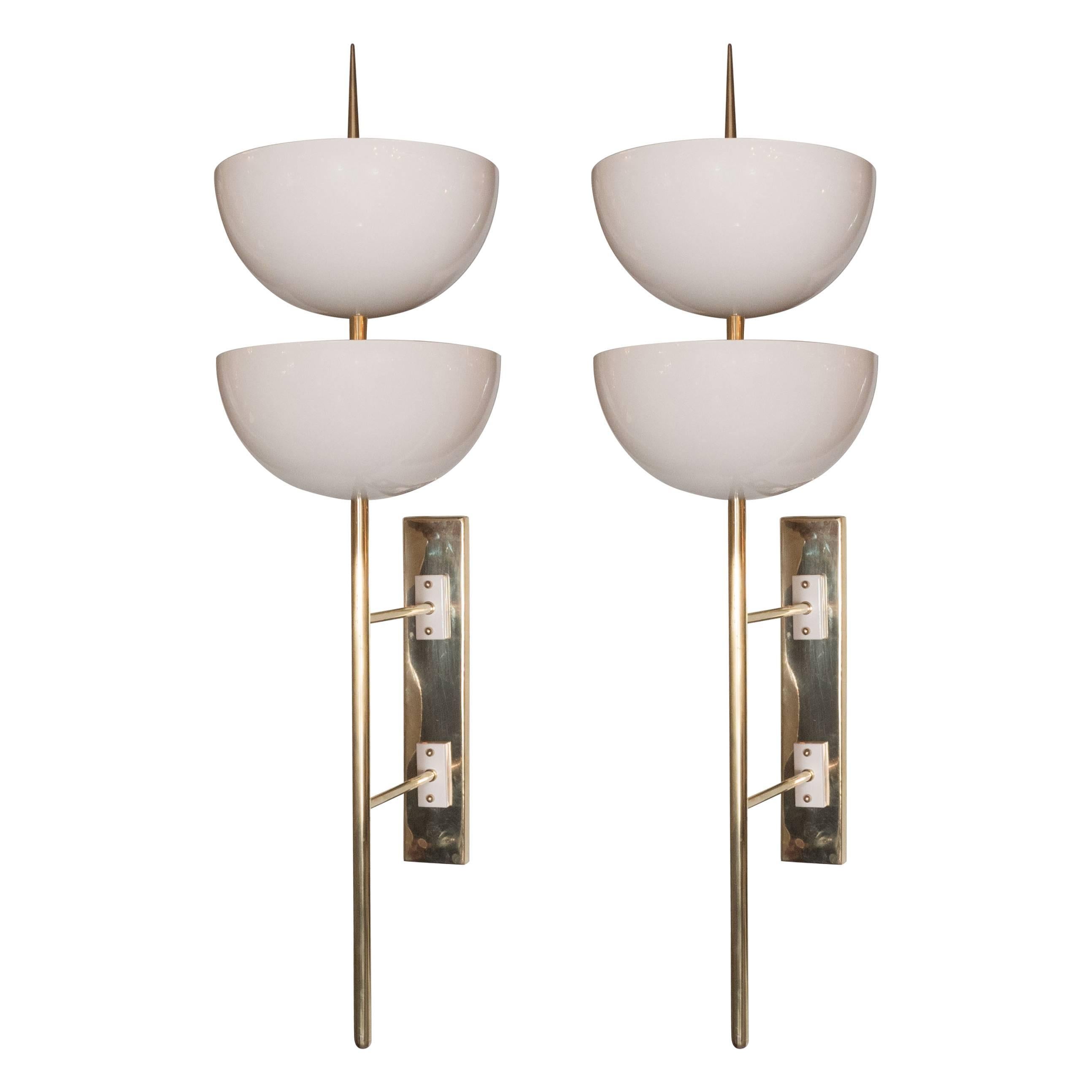 Pair of Monumental Reverse-Dome Trophy Sconces in White Enamel and Brass