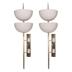 Pair of Monumental Reverse-Dome Trophy Sconces in White Enamel and Brass