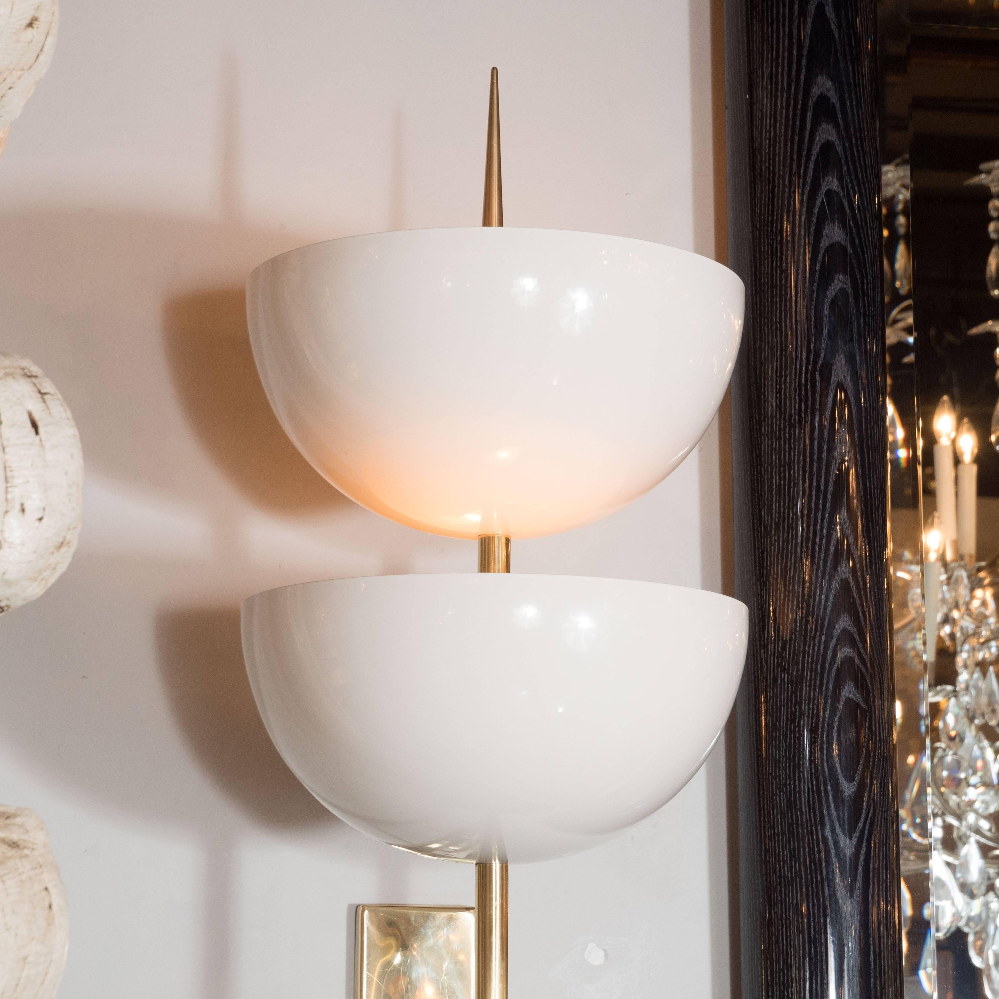 Italian Pair of Monumental Reverse-Dome Trophy Sconces in White Enamel and Brass