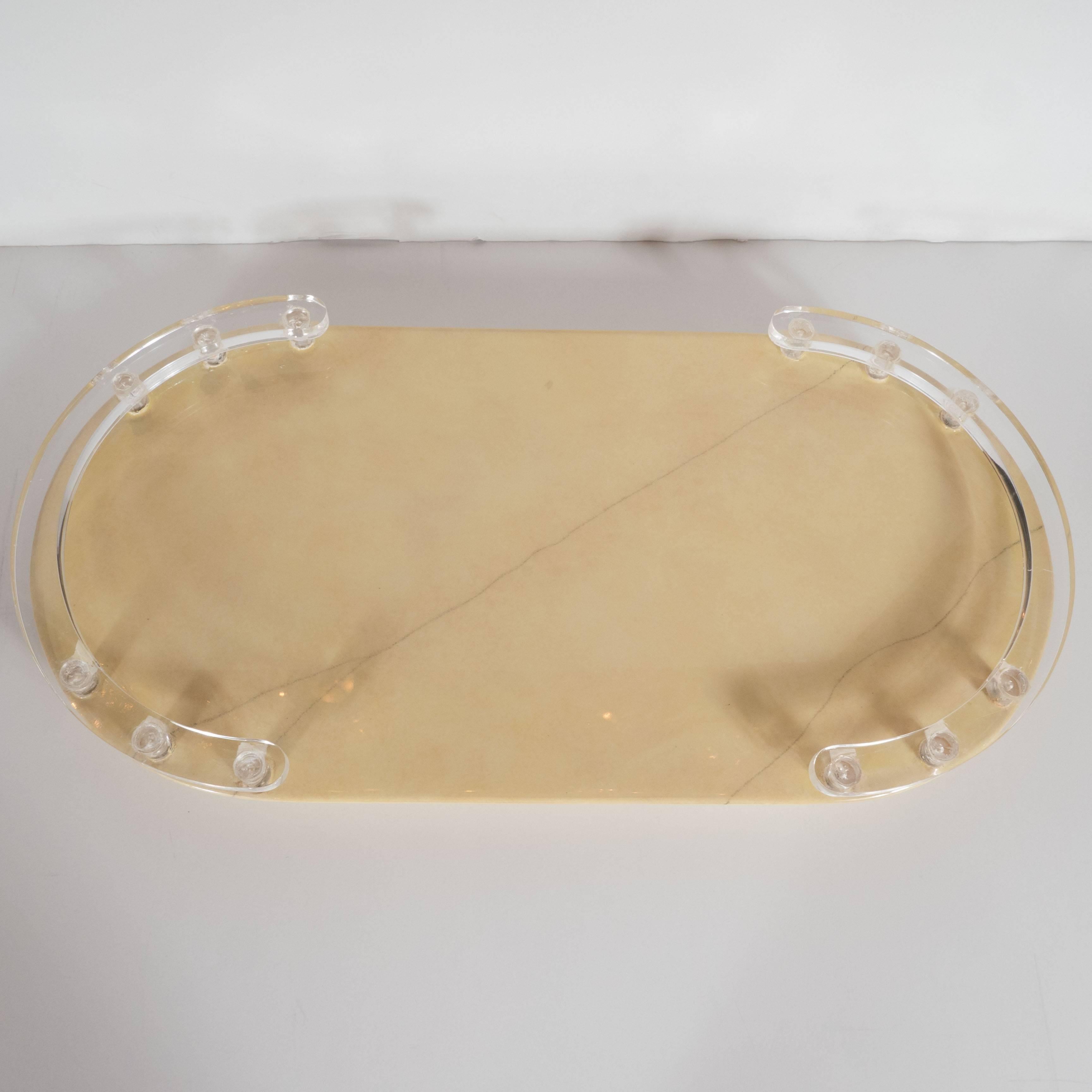 American Mid-Century Modernist Lacquered Goatskin and Lucite Tray