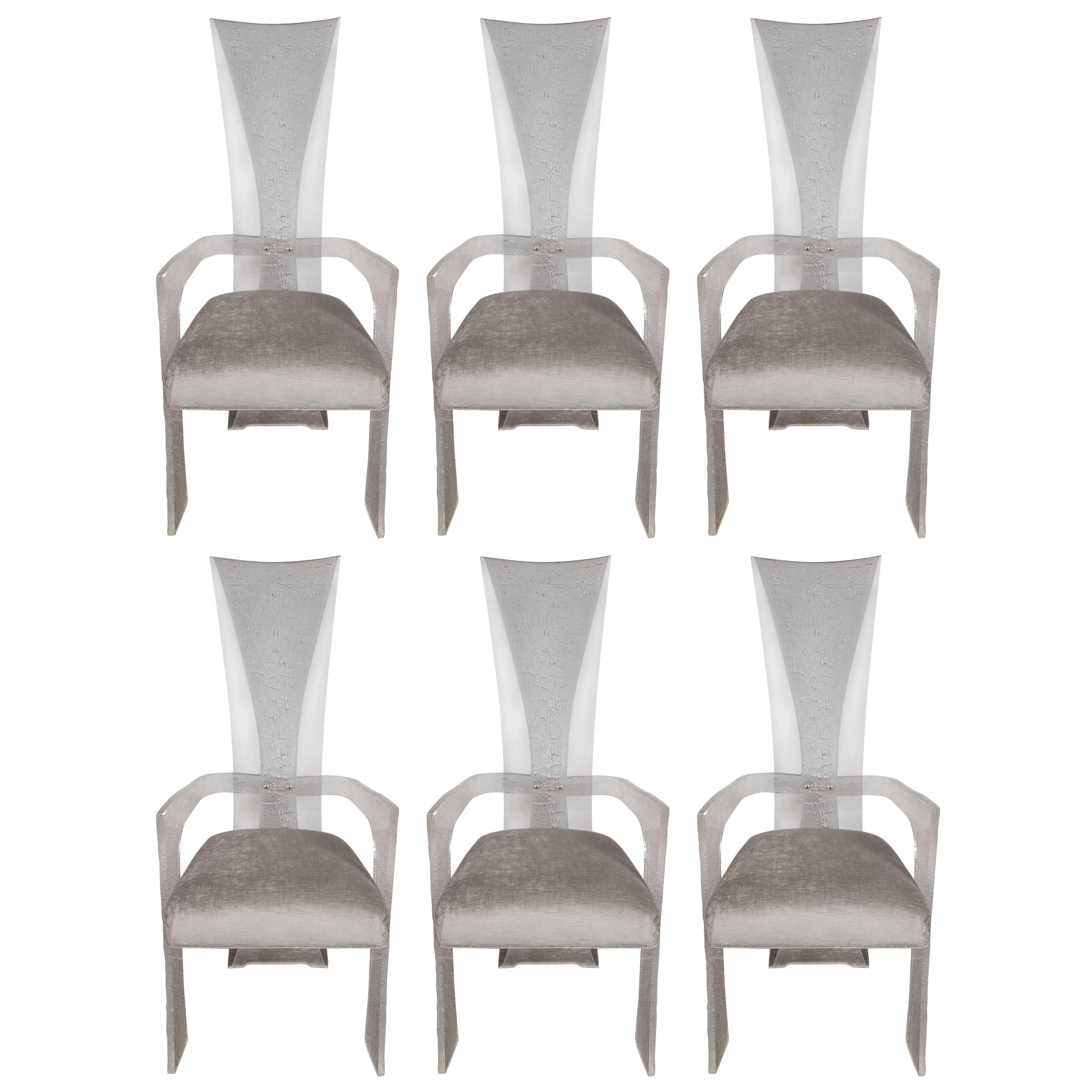Set of Six Mid-Century Dining Chairs in Lucite and Smoked Platinum Upholstery