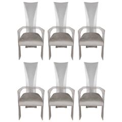 Set of Six Mid-Century Dining Chairs in Lucite and Smoked Platinum Upholstery