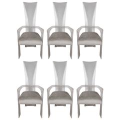 Set of Six Mid-Century Dining Chairs in Lucite and Smoked Platinum Upholstery