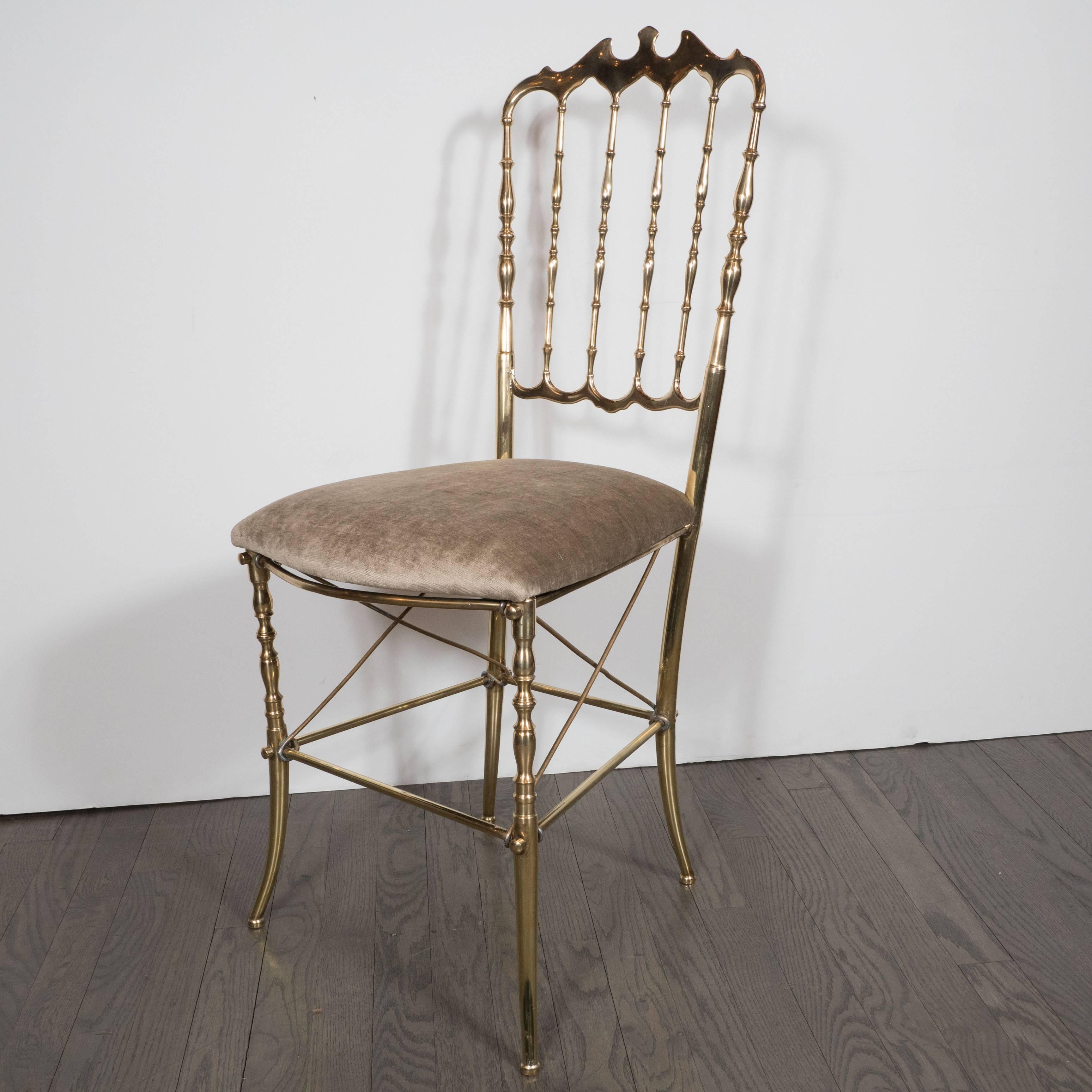 Mid-Century Brass Chair by Chiavari in Smoked Champagne Velvet In Excellent Condition In New York, NY