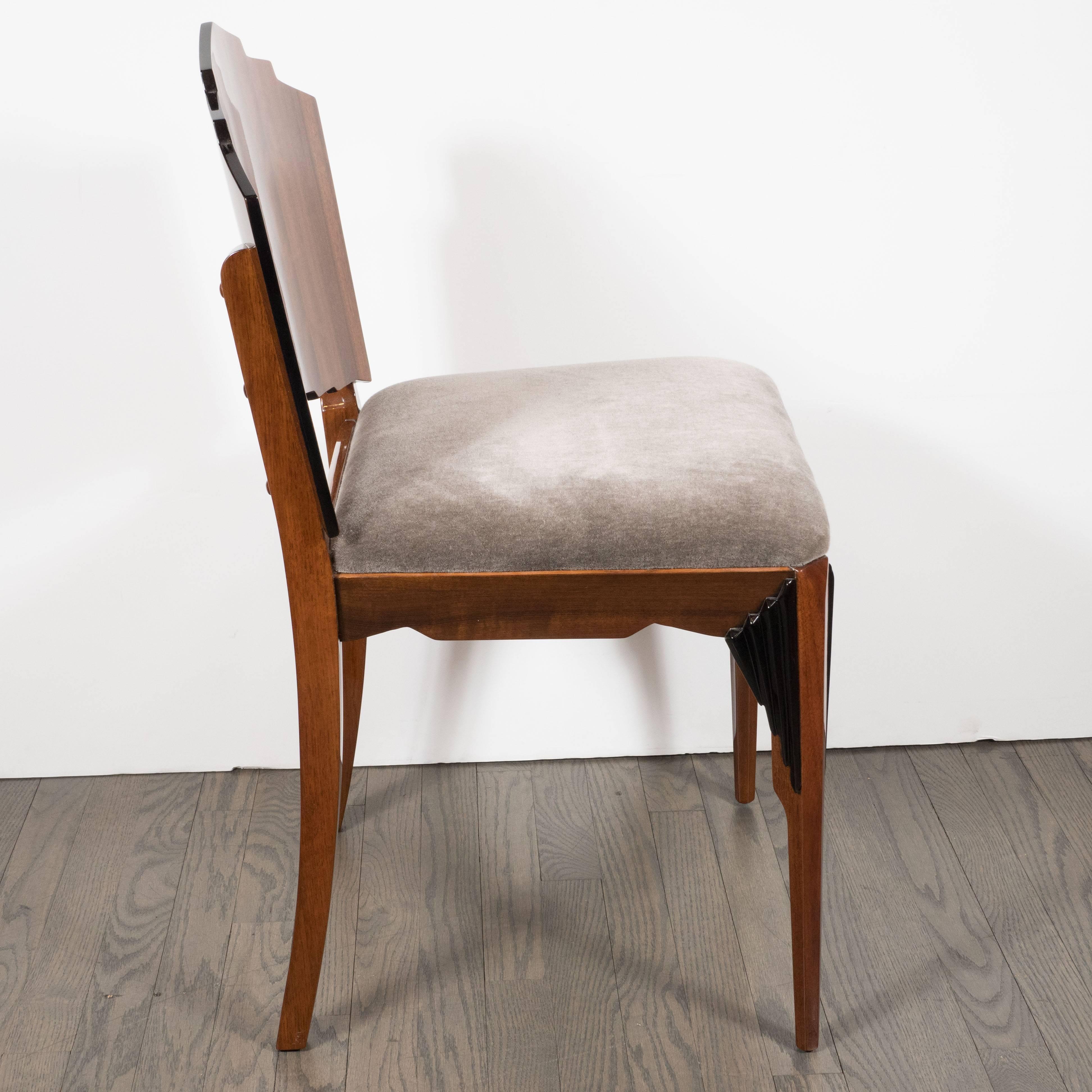 American Art Deco Skyscraper Vanity/ Desk Chair in Bookmatched Walnut and Black Lacquer