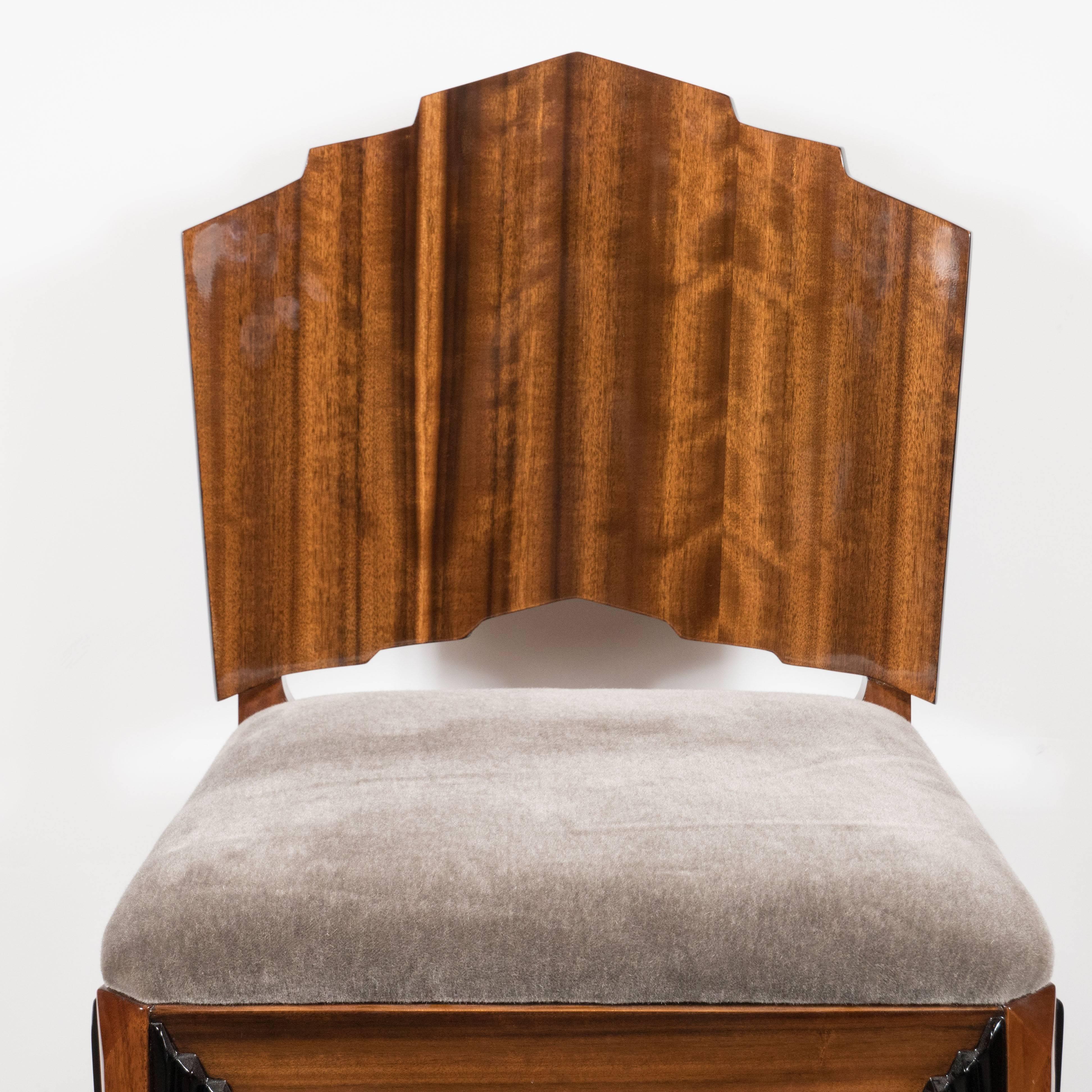 Mid-20th Century Art Deco Skyscraper Vanity/ Desk Chair in Bookmatched Walnut and Black Lacquer