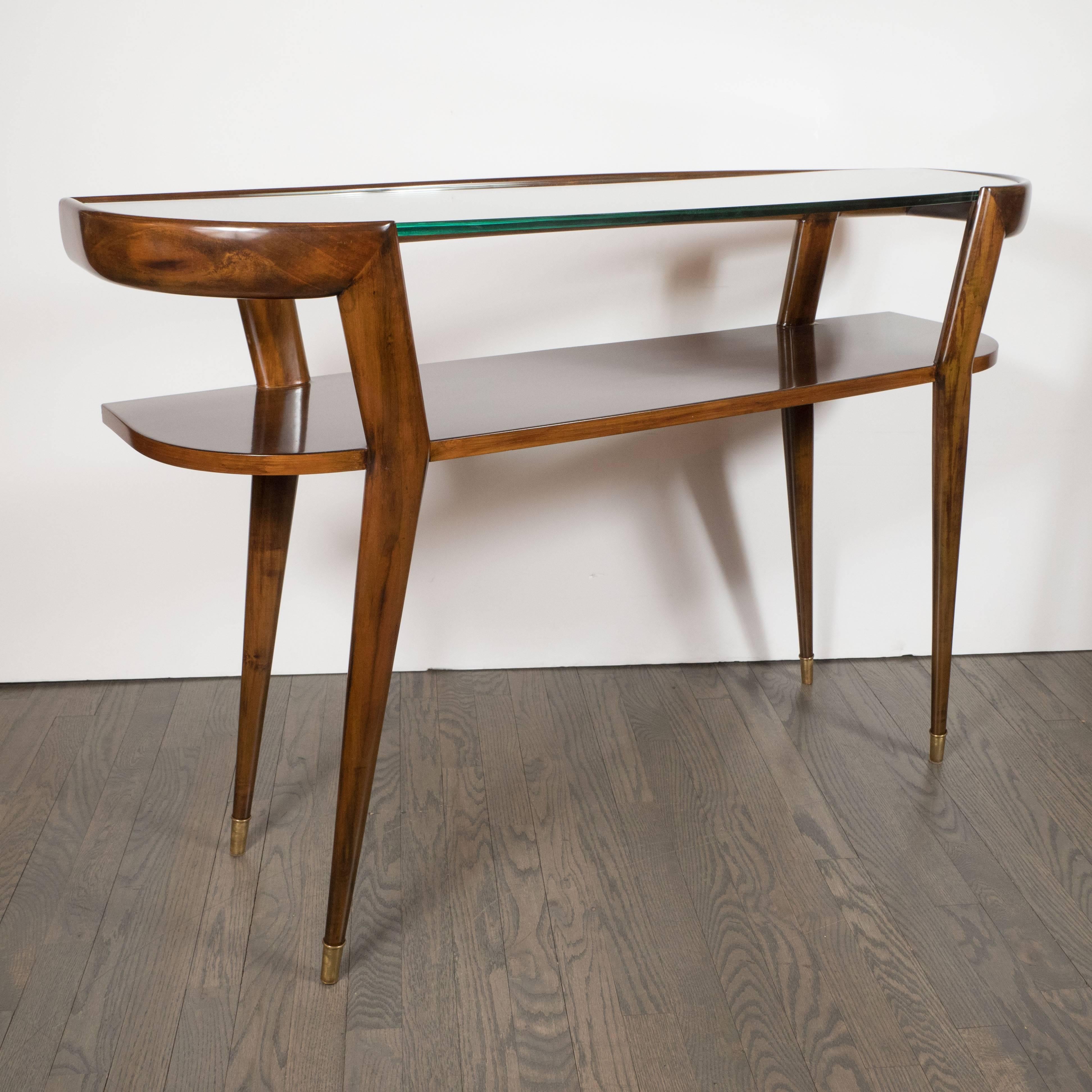Sophisticated Mid-Century Modernist Console in Hand Rubbed Walnut and Glass In Excellent Condition In New York, NY
