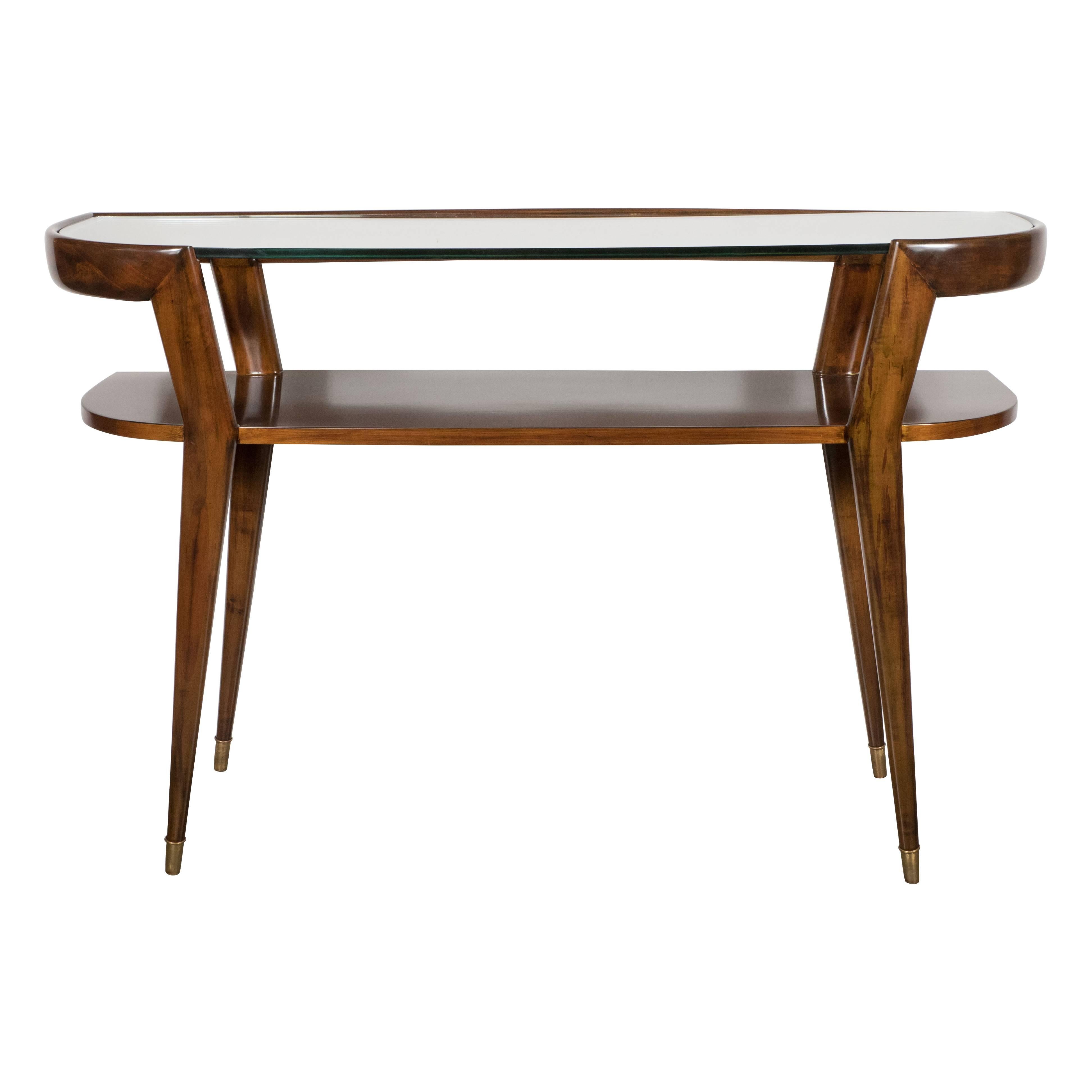 Sophisticated Mid-Century Modernist Console in Hand Rubbed Walnut and Glass