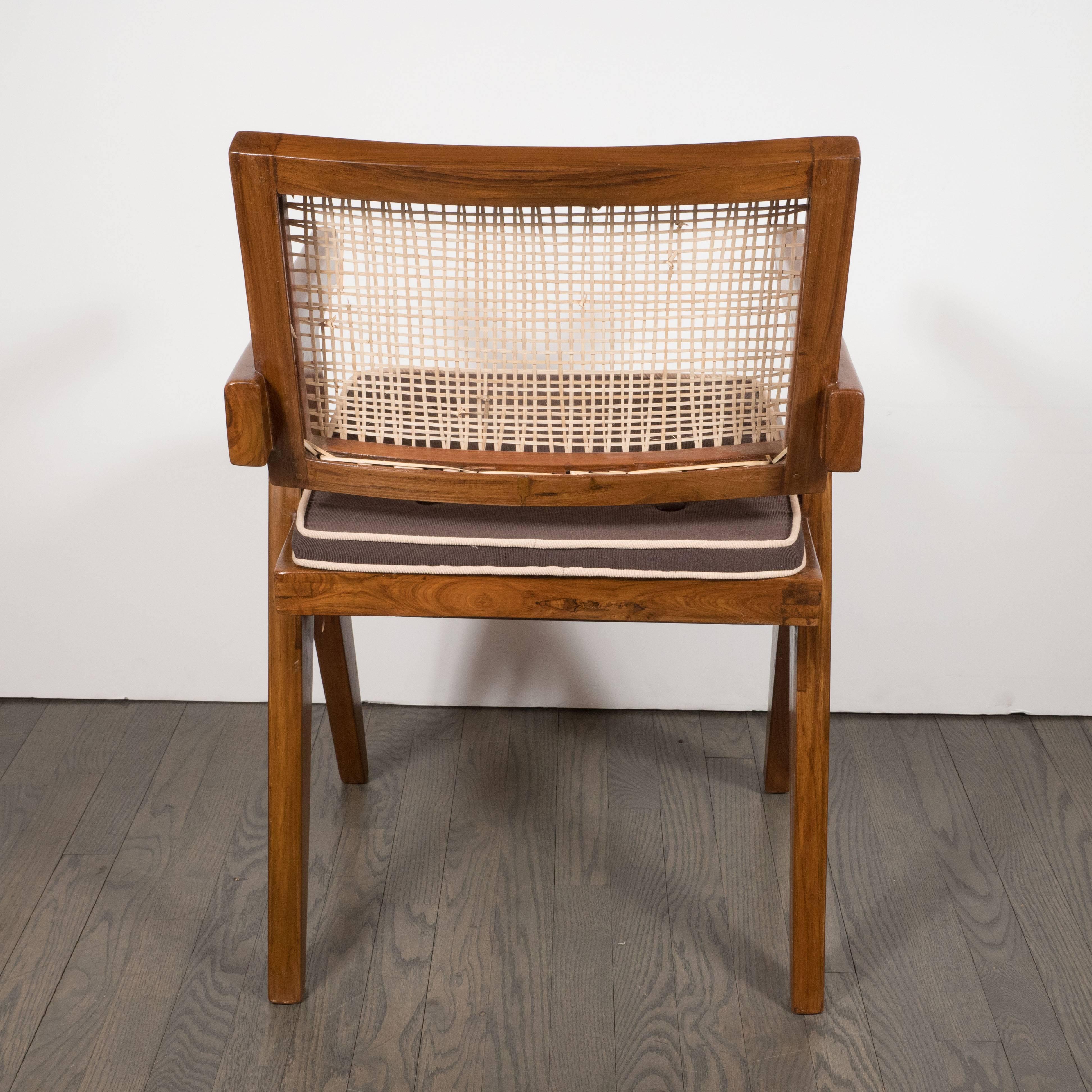 Mid-Century Modern Pair of Armchairs in Teak, Caning and Upholstery by Pierre Jeanneret