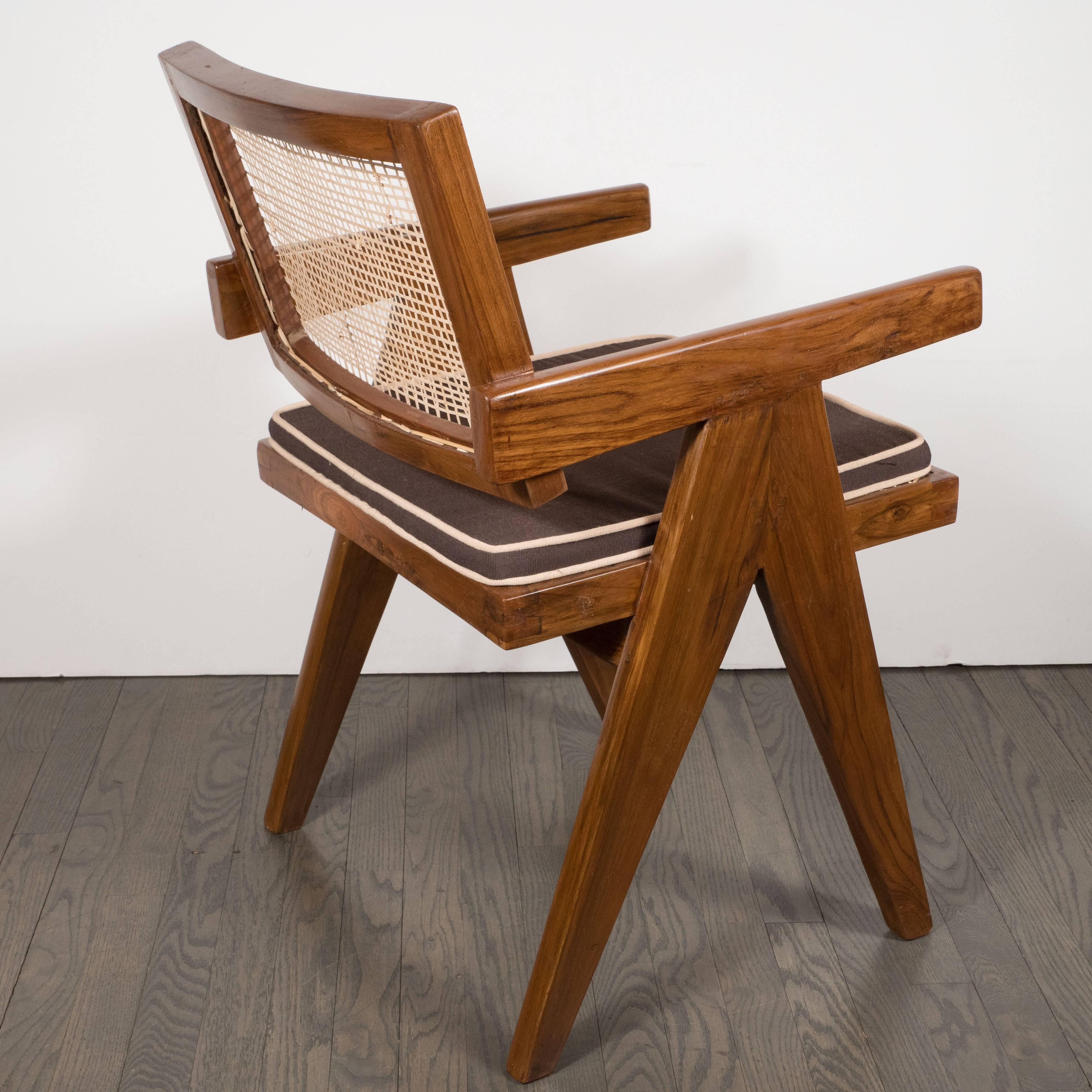 Pair of Armchairs in Teak, Caning and Upholstery by Pierre Jeanneret 1