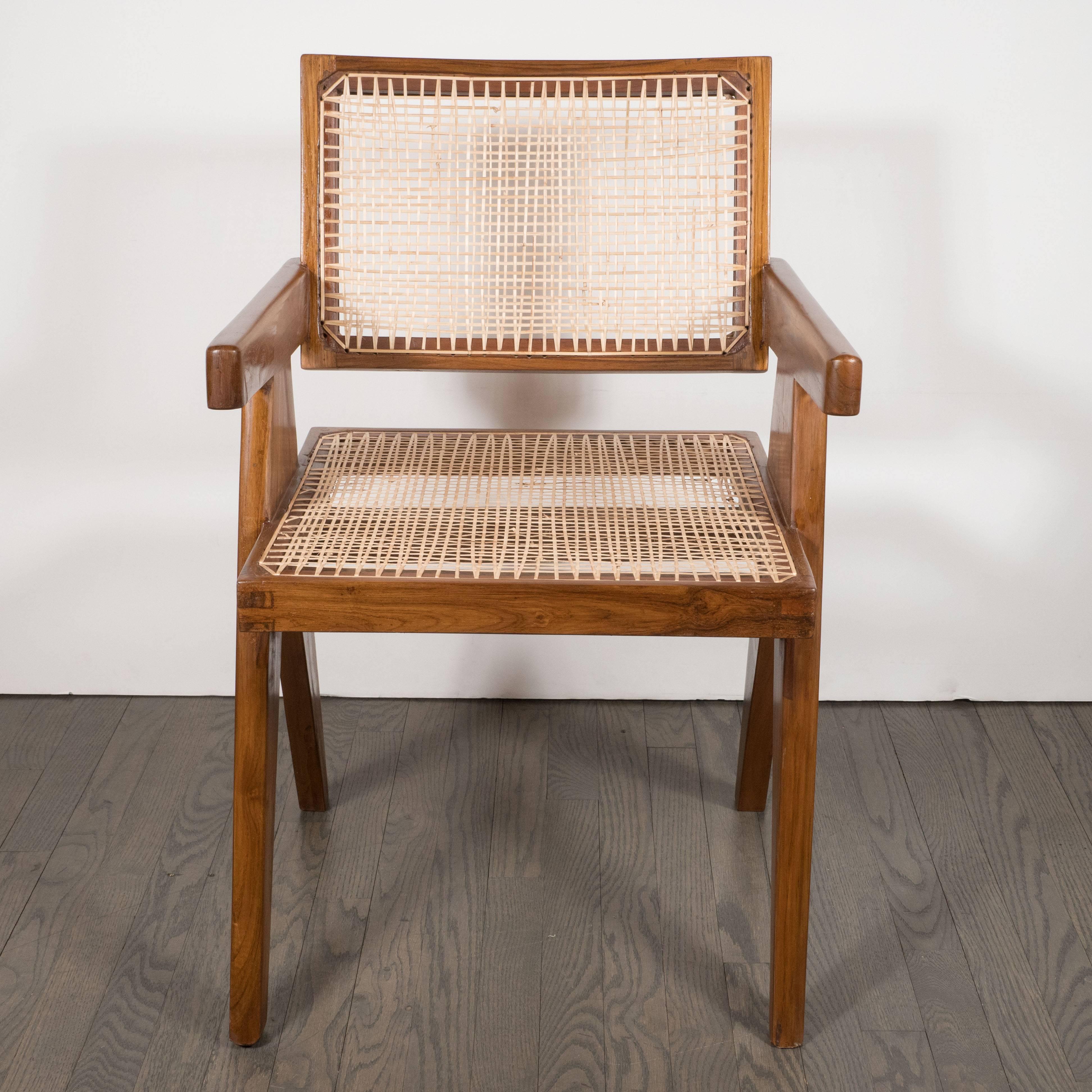 Indian Pair of Armchairs in Teak, Caning and Upholstery by Pierre Jeanneret