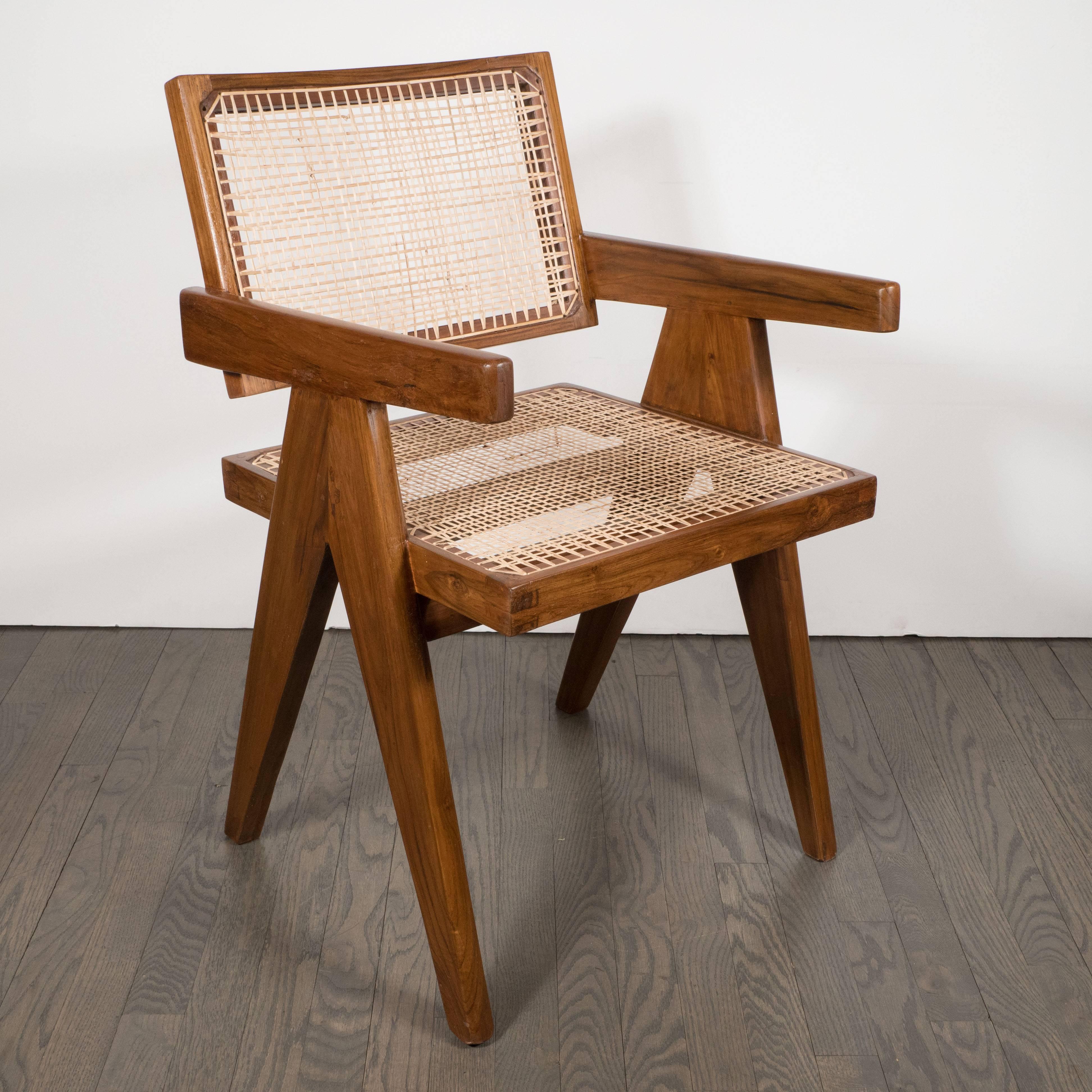 Pair of Armchairs in Teak, Caning and Upholstery by Pierre Jeanneret 2