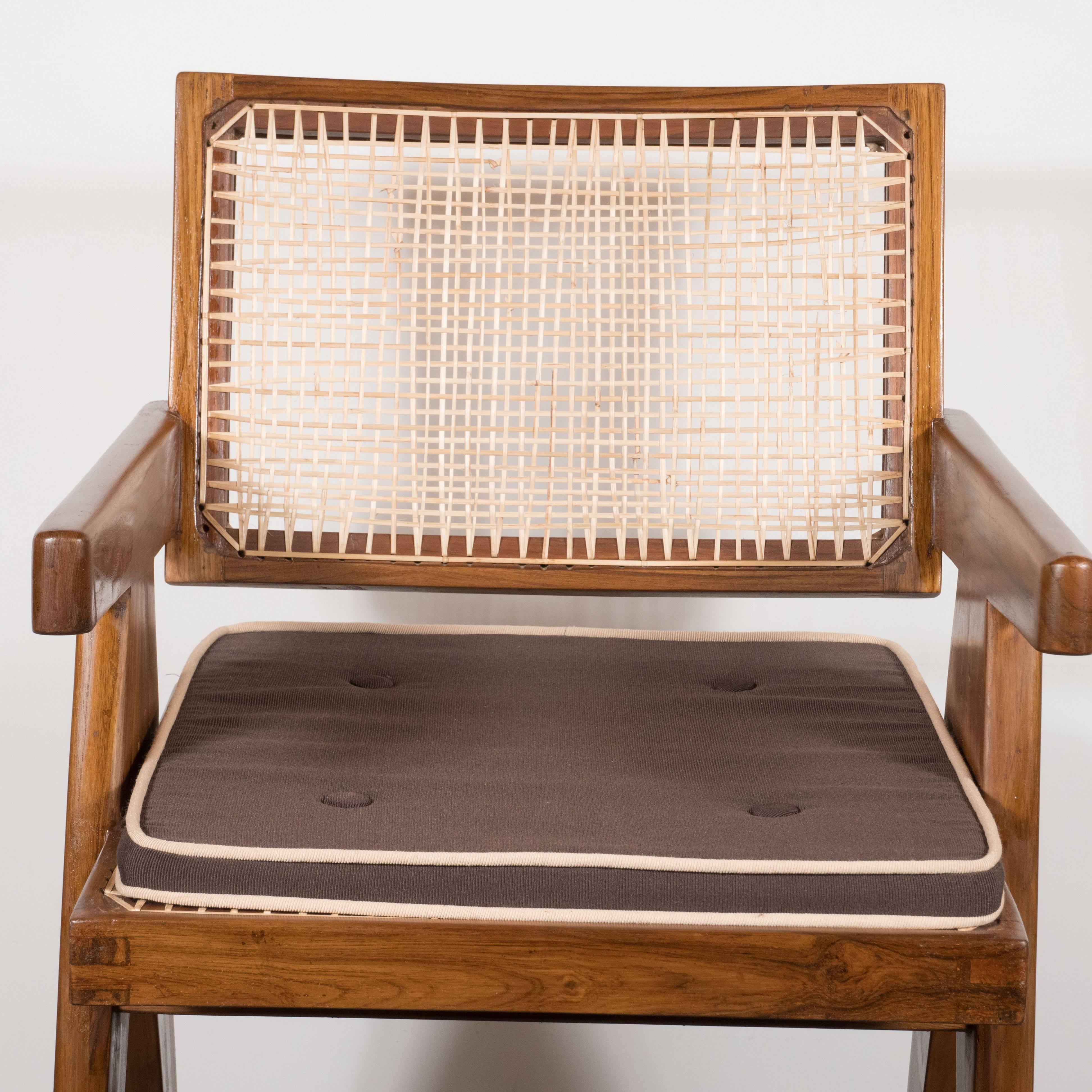 Pair of Armchairs in Teak, Caning and Upholstery by Pierre Jeanneret In Excellent Condition In New York, NY