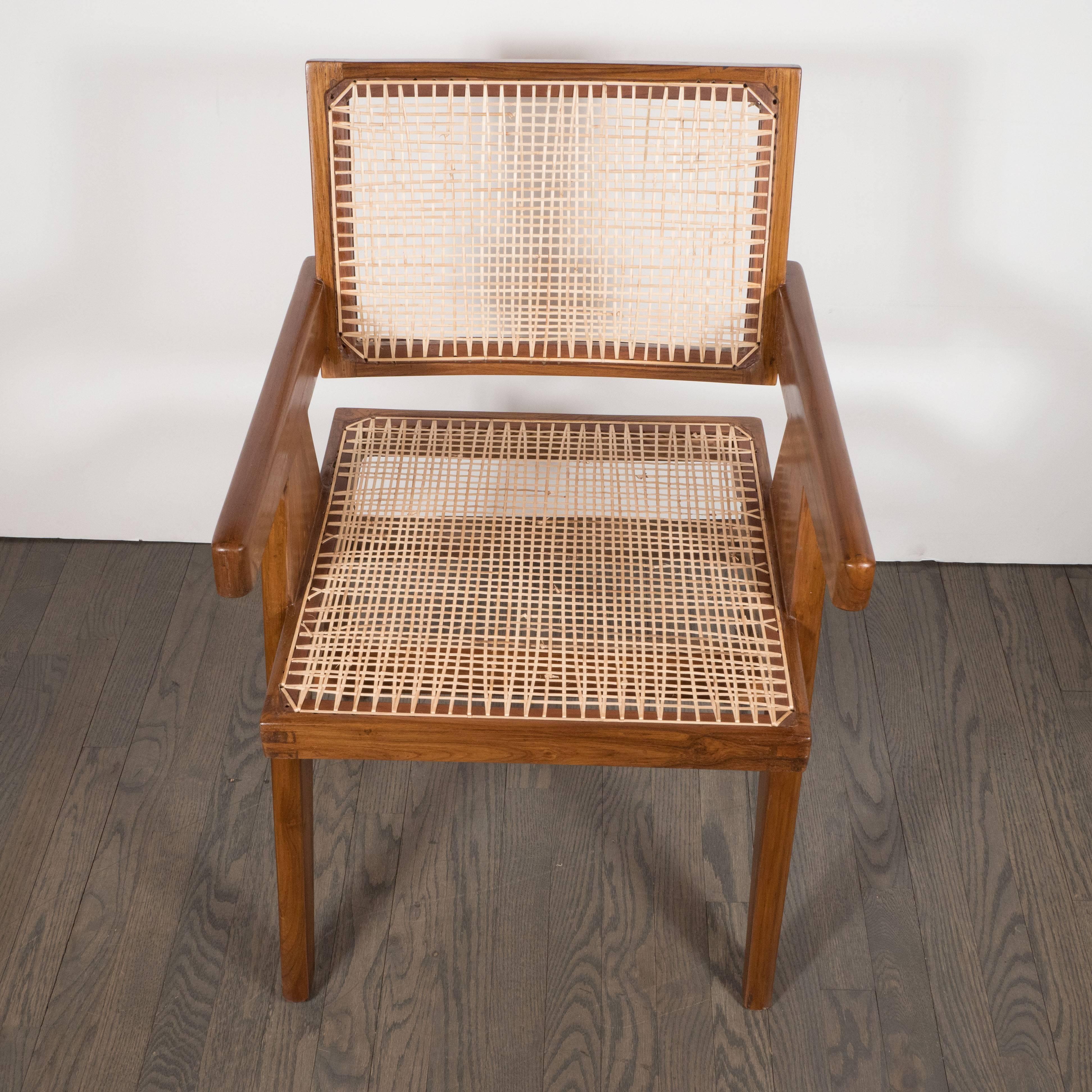 Pair of Armchairs in Teak, Caning and Upholstery by Pierre Jeanneret 3