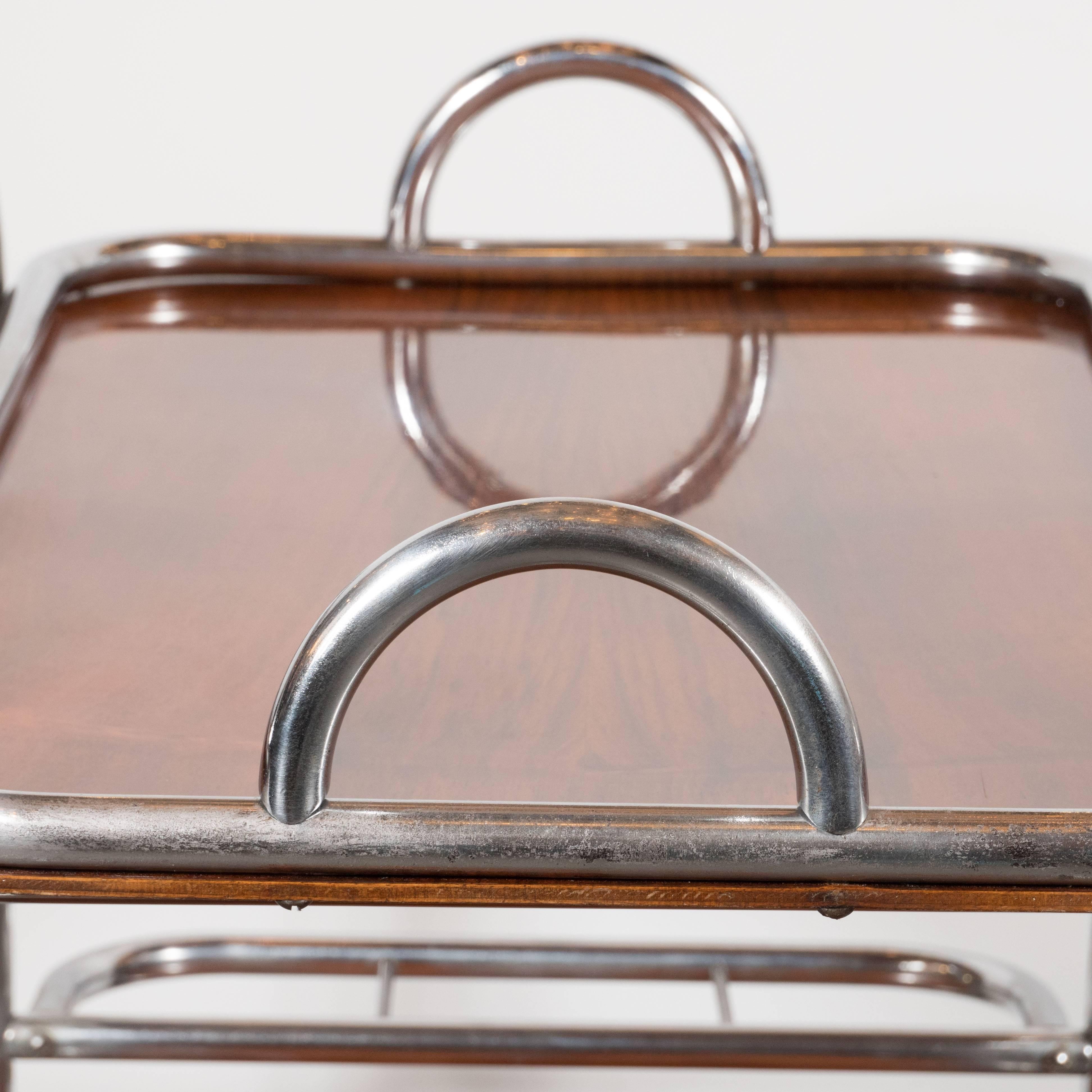 French Art Deco Machine Age Tubular Chrome and Walnut Bar Cart In Excellent Condition In New York, NY