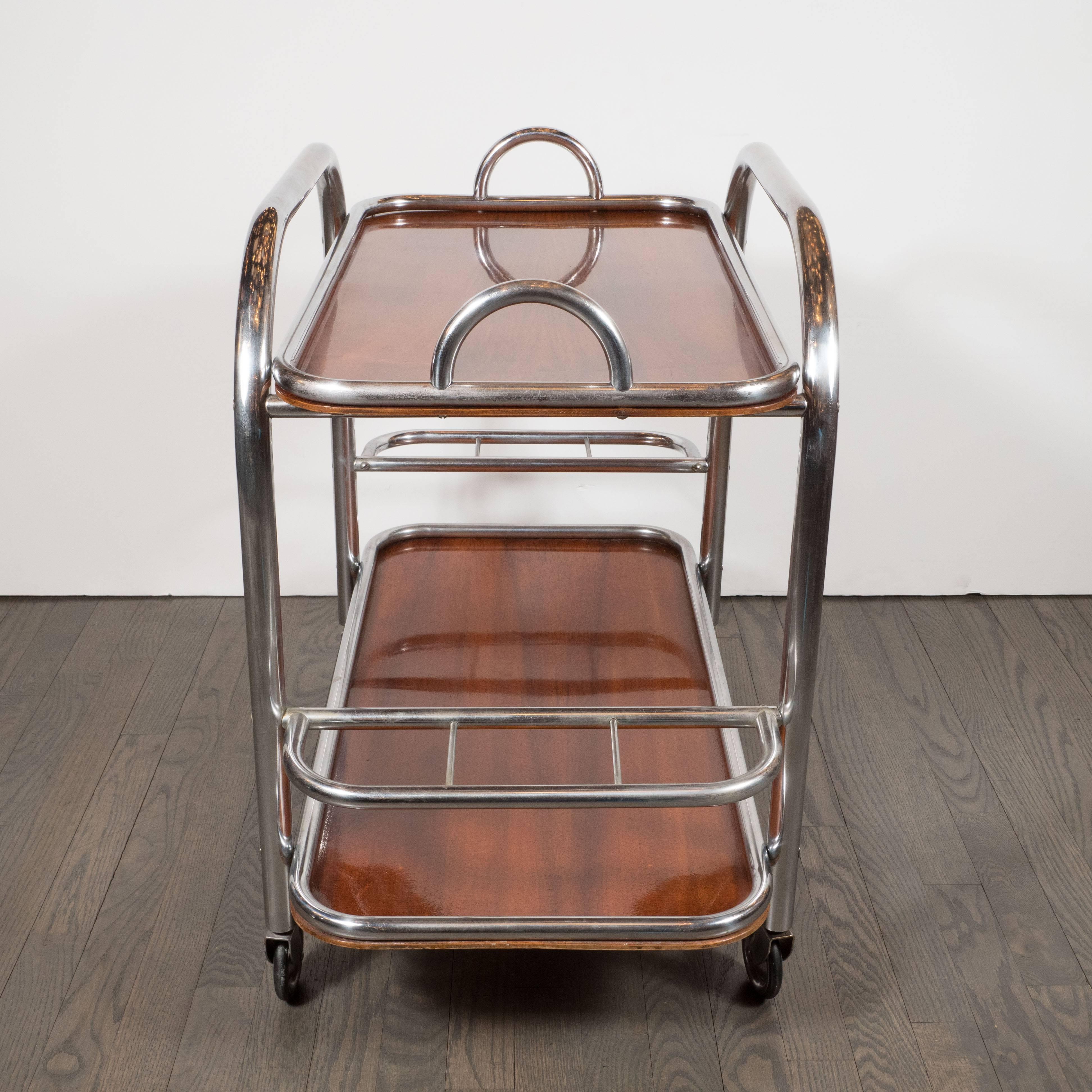 French Art Deco Machine Age Tubular Chrome and Walnut Bar Cart 1