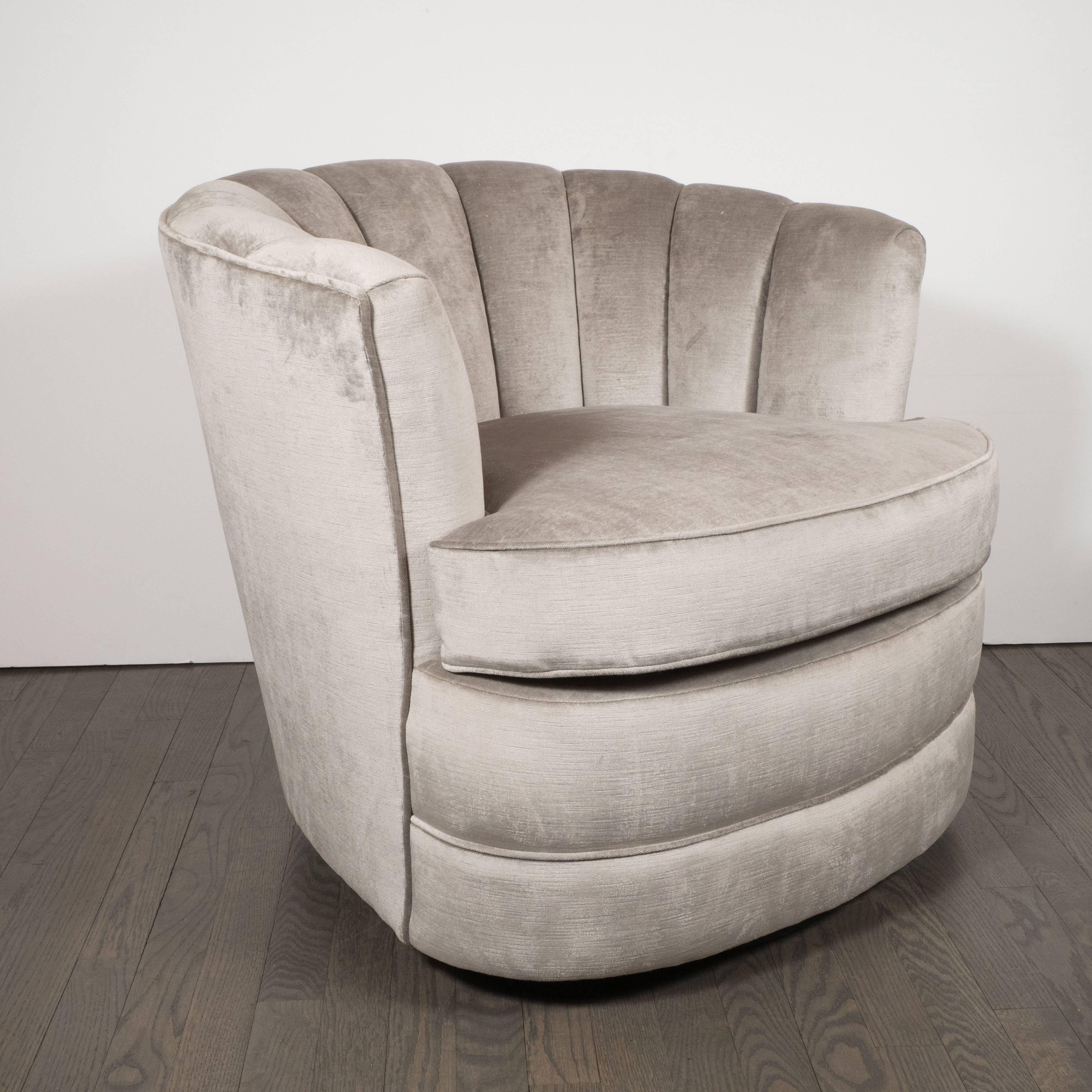 American Pair of Mid-Century Modernist Channel Back Swivel Chairs in Platinum Velvet
