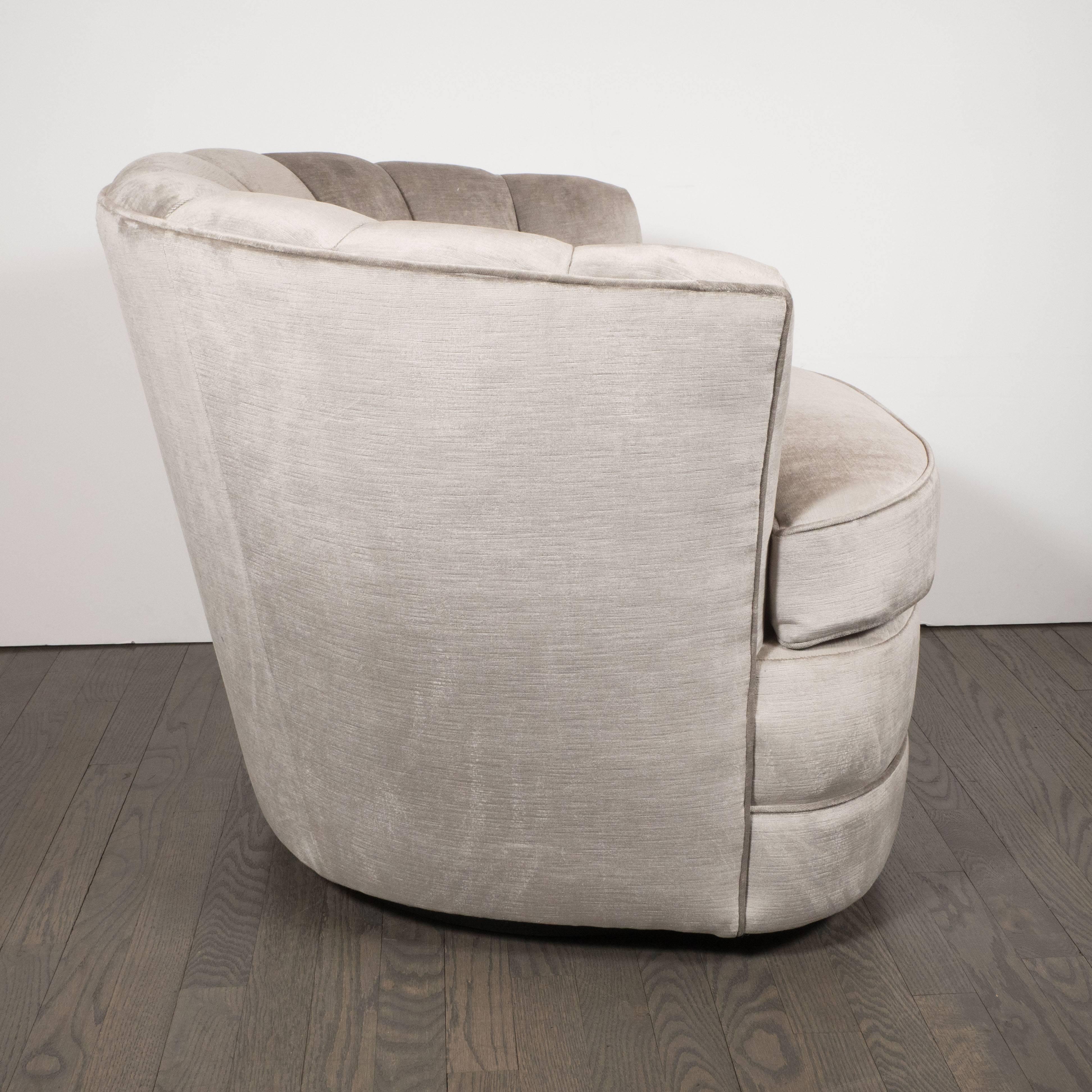 Late 20th Century Pair of Mid-Century Modernist Channel Back Swivel Chairs in Platinum Velvet