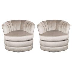 Vintage Pair of Mid-Century Modernist Channel Back Swivel Chairs in Platinum Velvet