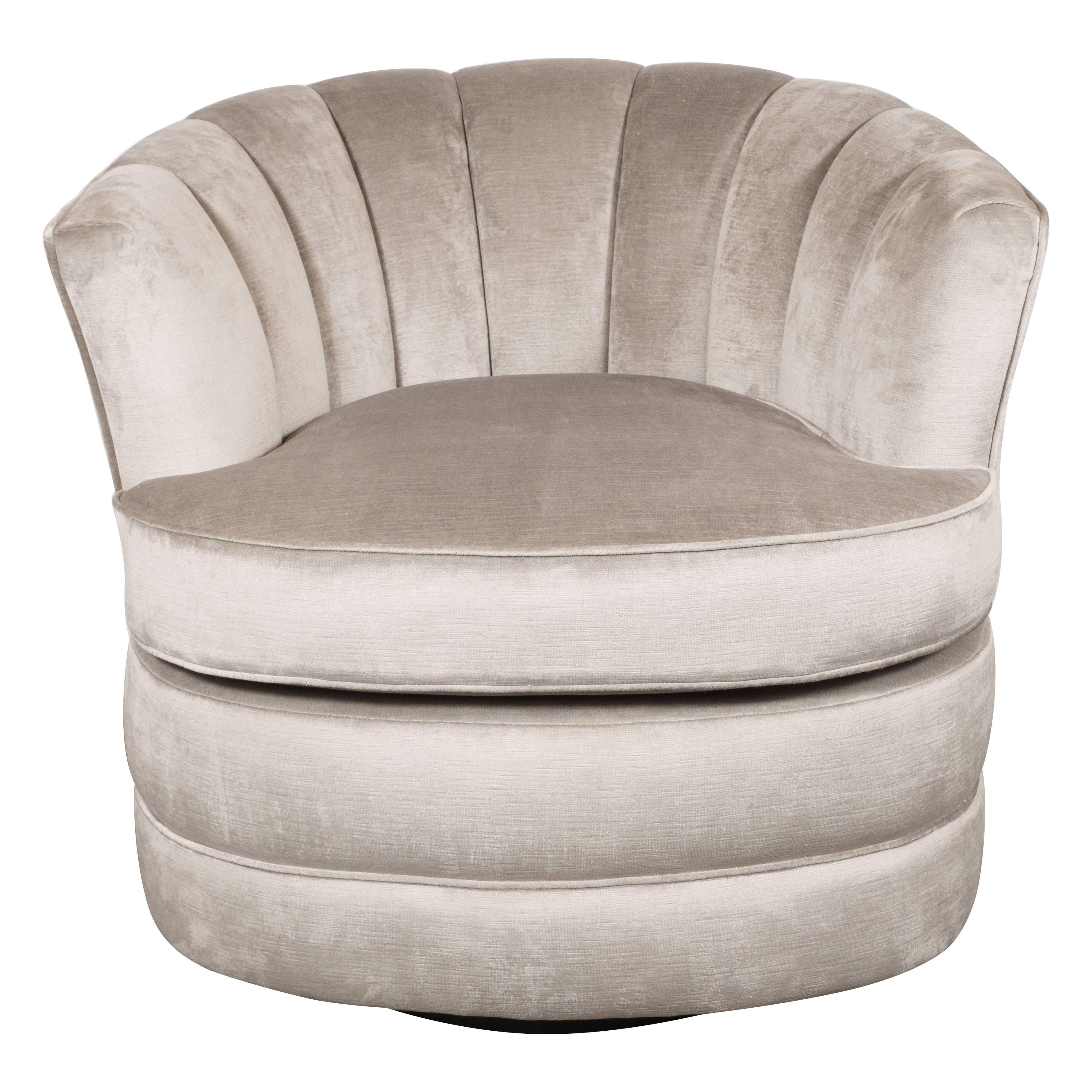 Pair of Mid-Century Modernist Channel Back Swivel Chairs in Platinum Velvet 1
