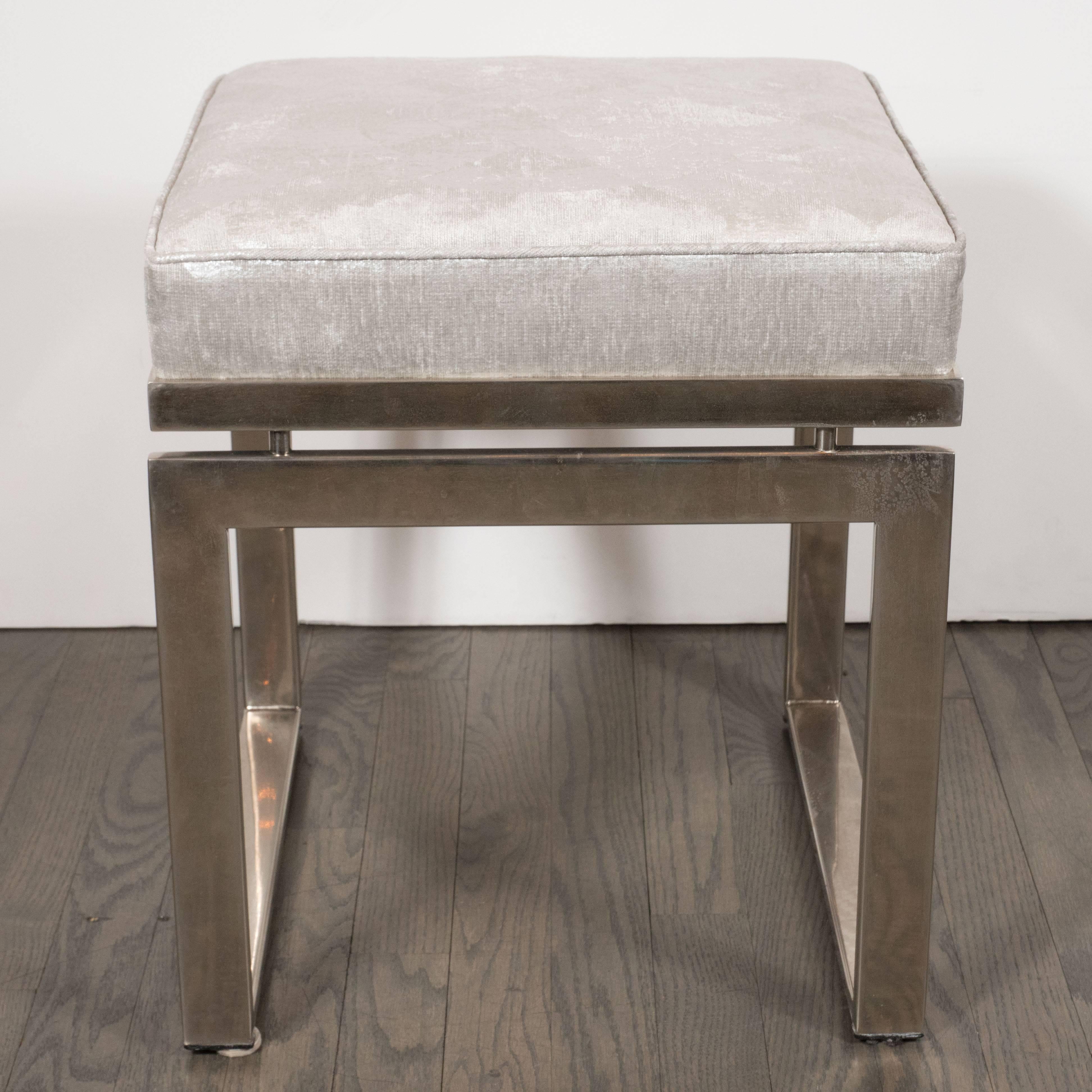 American Pair of Mid-Century Modernist Chrome Stools with Textured Metallic Upholstery