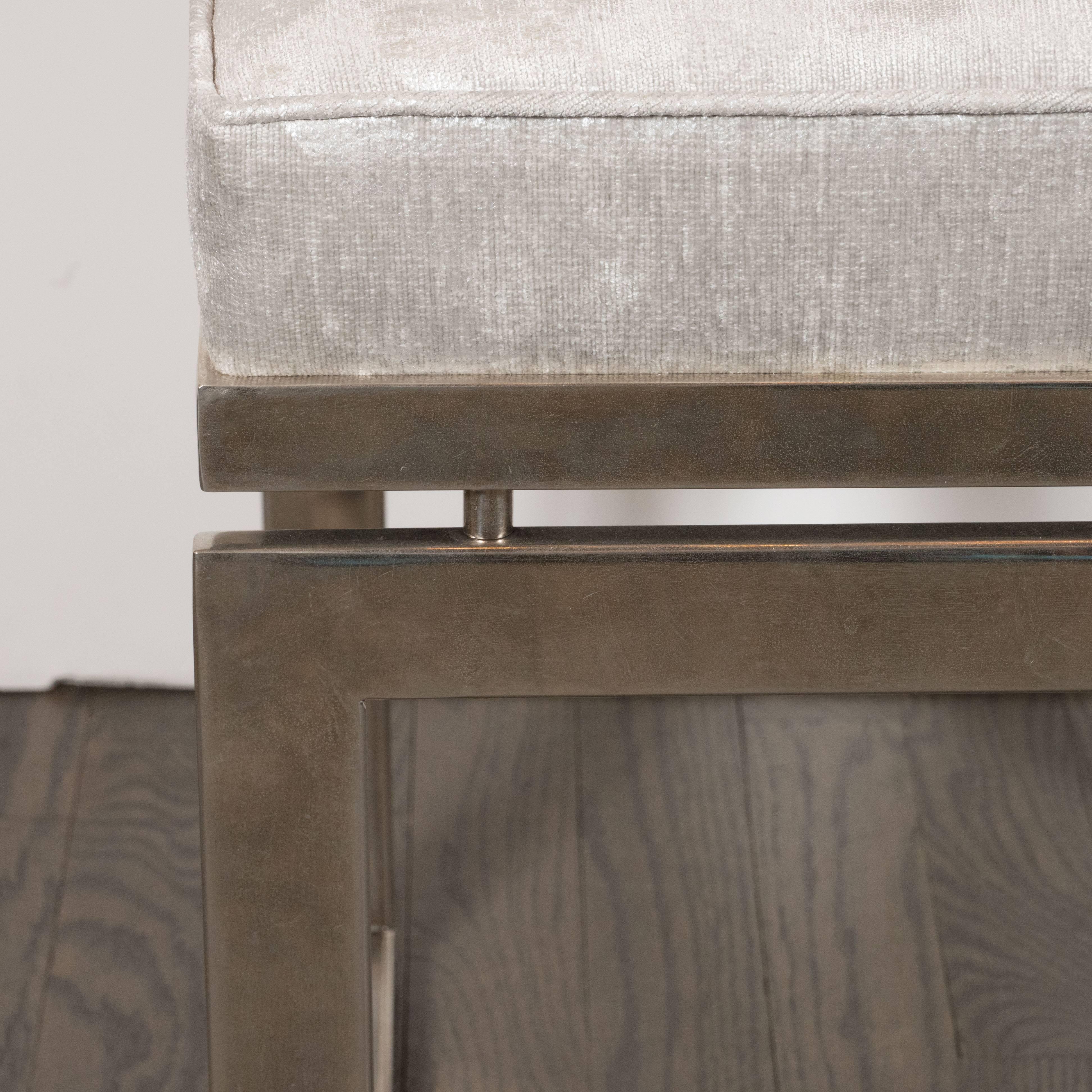 Late 20th Century Pair of Mid-Century Modernist Chrome Stools with Textured Metallic Upholstery